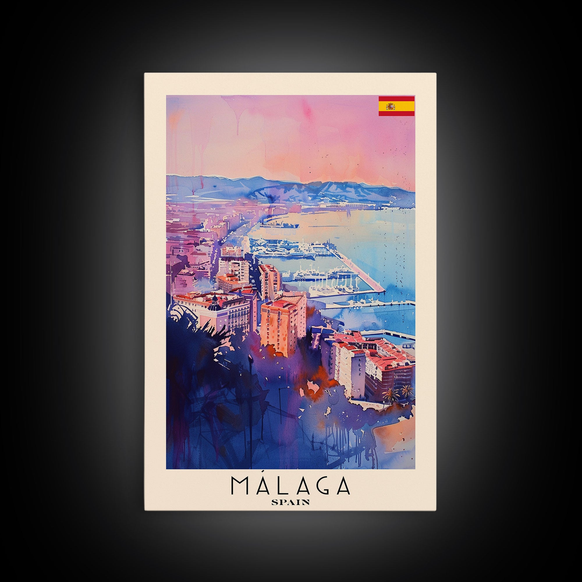 Malaga Spain Travel Poster Framed Canvas Print, Vibrant Coastline, Watercolor Art, Wall Decoration, Interior Decor, Travel Print, Unique Artwork