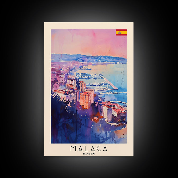 Malaga Spain Travel Poster Framed Canvas Print, Vibrant Coastline, Watercolor Art, Wall Decoration, Interior Decor, Travel Print, Unique Artwork