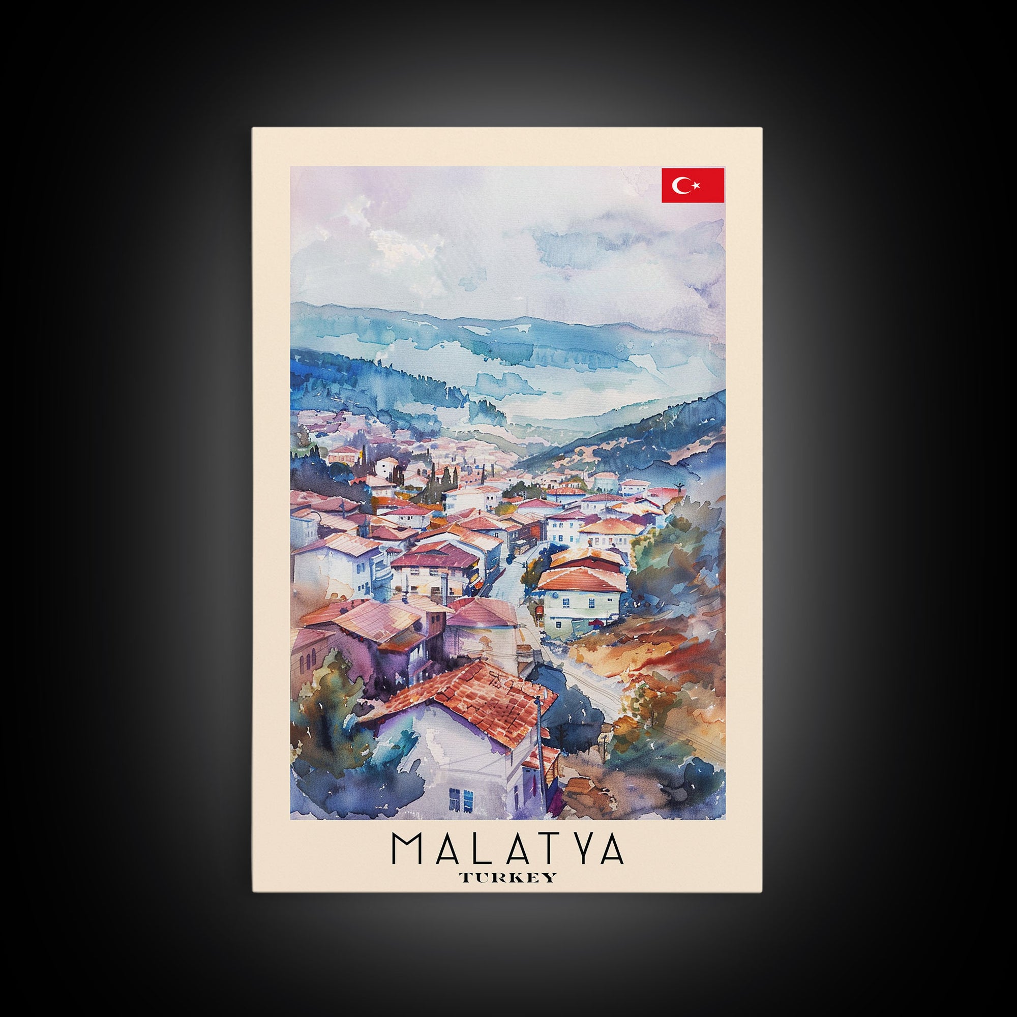 Malatya Turkey Travel Poster Framed Canvas Print, Historic Landscape, Watercolor Art, Wall Art, Home Decoration, Travel Print, Artistic Gift