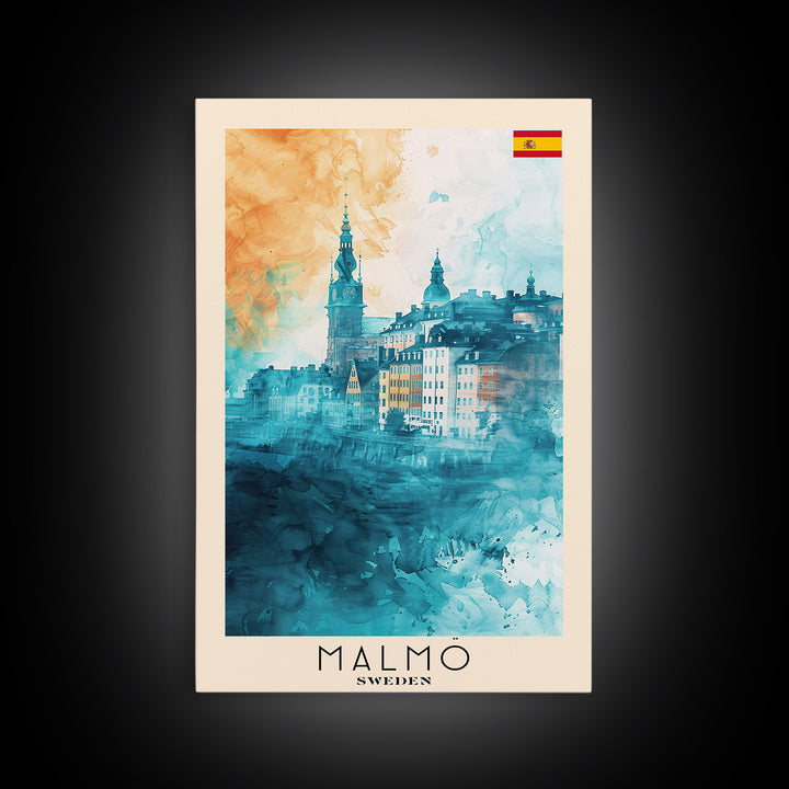 Malmo Sweden Travel Poster Framed Canvas Print, Modern Cityscape, Urban Art, Wall Hanging, Home Decor, Travel Print, Original Piece