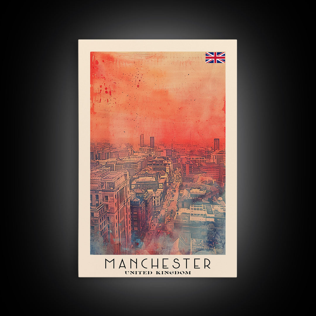 Manchester United Kingdom Travel Poster Framed Canvas Print, Iconic Landmarks, Watercolor Painting, Wall Decor, Interior Art, Travel Print, Artistic Gift