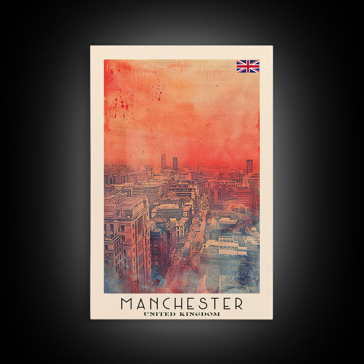 Manchester United Kingdom Travel Poster Framed Canvas Print, Iconic Landmarks, Watercolor Painting, Wall Decor, Interior Art, Travel Print, Artistic Gift