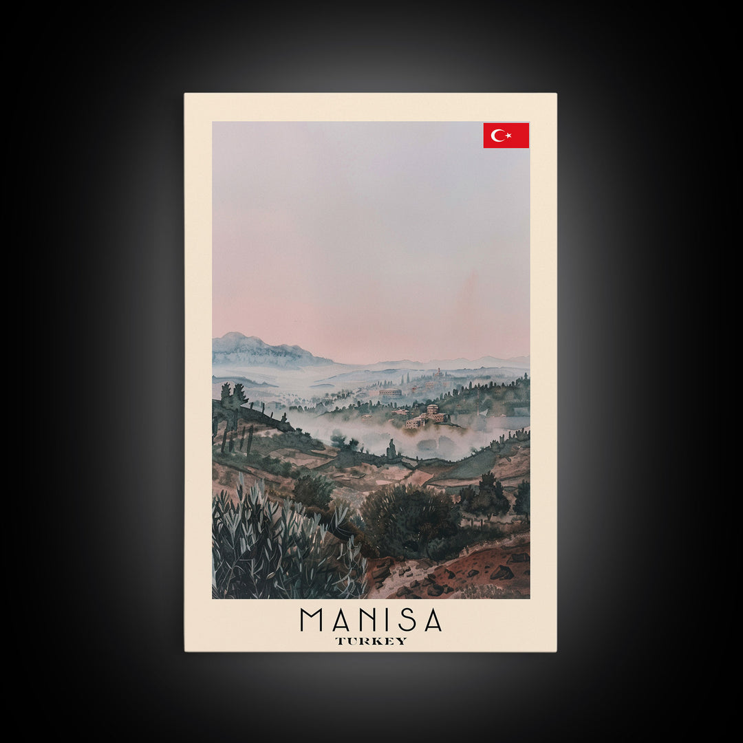Manisa Turkey Travel Poster Framed Canvas Print, Scenic Landscape, Watercolor Art, Wall Decoration, Home Design, Travel Print, Unique Art
