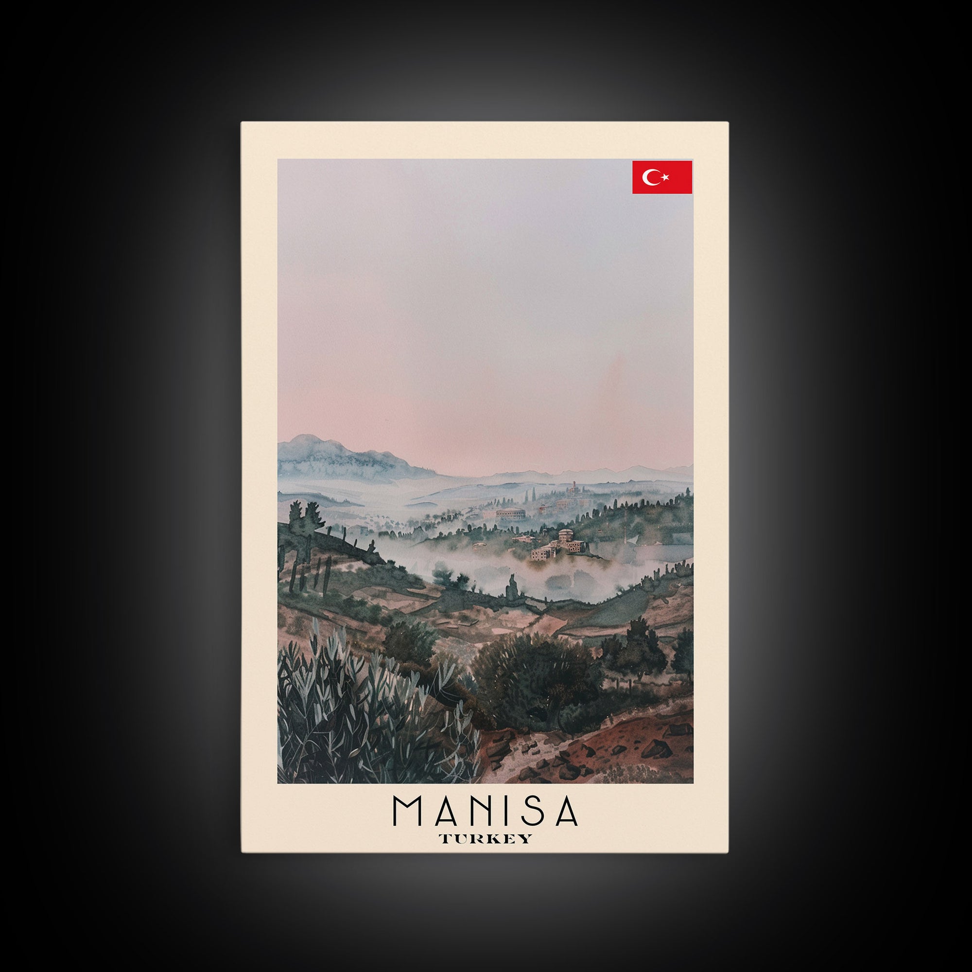 Manisa Turkey Travel Poster Framed Canvas Print, Scenic Landscape, Watercolor Art, Wall Decoration, Home Design, Travel Print, Unique Art