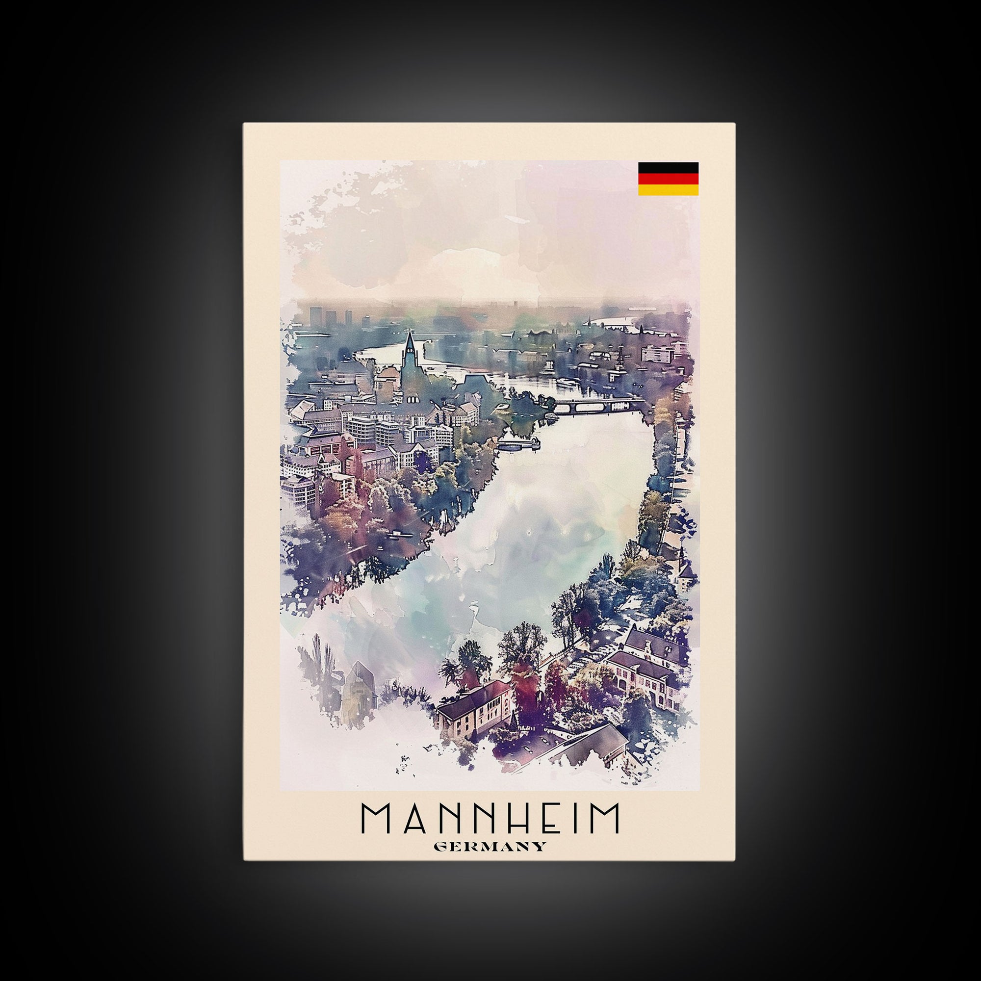 Mannheim Germany Travel Poster Framed Canvas Print, Historic Architecture, Watercolor Art, Wall Hanging, Interior Decor, Travel Print, Original Painting