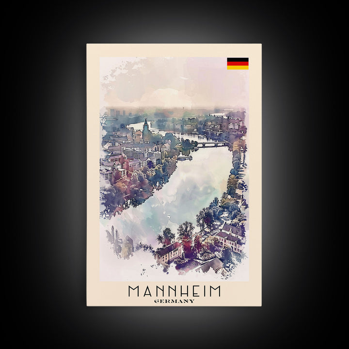 Mannheim Germany Travel Poster Framed Canvas Print, Historic Architecture, Watercolor Art, Wall Hanging, Interior Decor, Travel Print, Original Painting