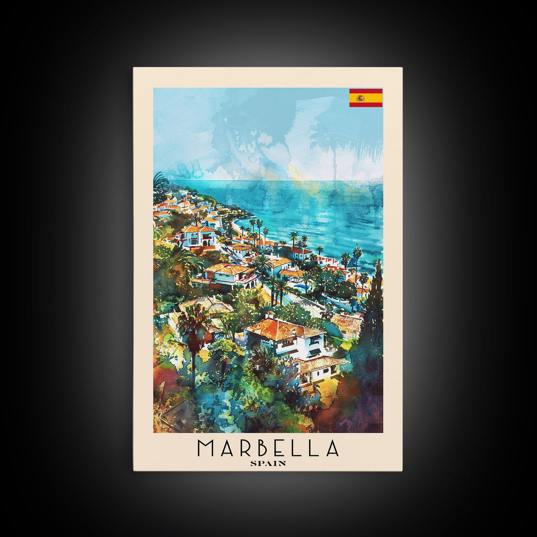 Marbella Spain Travel Poster Framed Canvas Print, Coastal Cityscape, Watercolor Painting, Wall Decor, Home Decoration, Travel Print, Artistic Piece