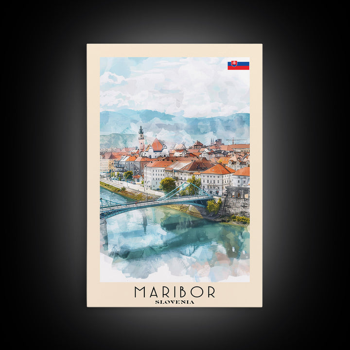 Maribor Slovenia Travel Poster Framed Canvas Print, Urban Landscape, Watercolor Art, Wall Hanging, Home Decor, Travel Print, Original Art