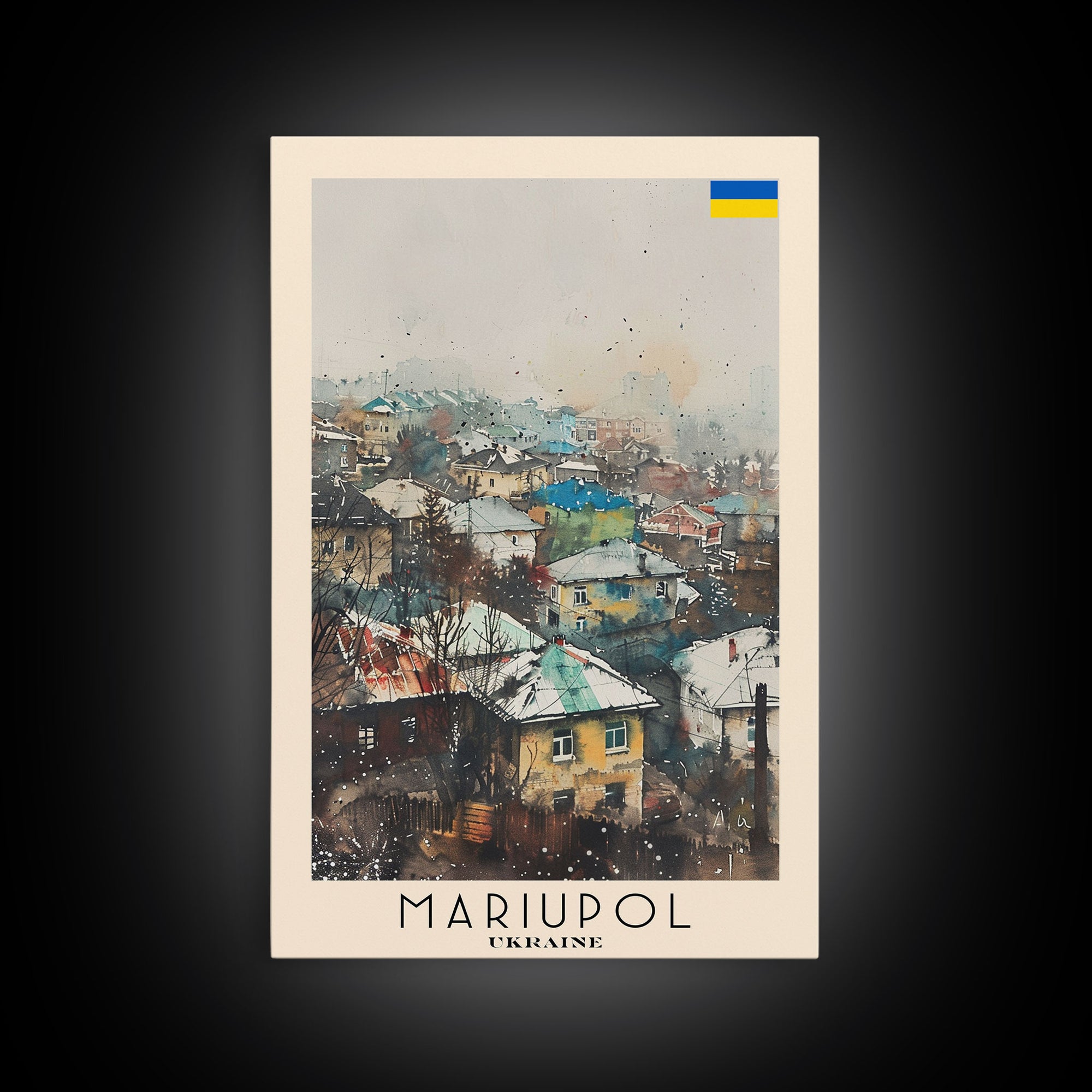 Mariupol Ukraine Travel Poster Framed Canvas Print, Scenic Cityscape, Watercolor Painting, Wall Decor, Interior Design, Travel Print, Unique Artwork