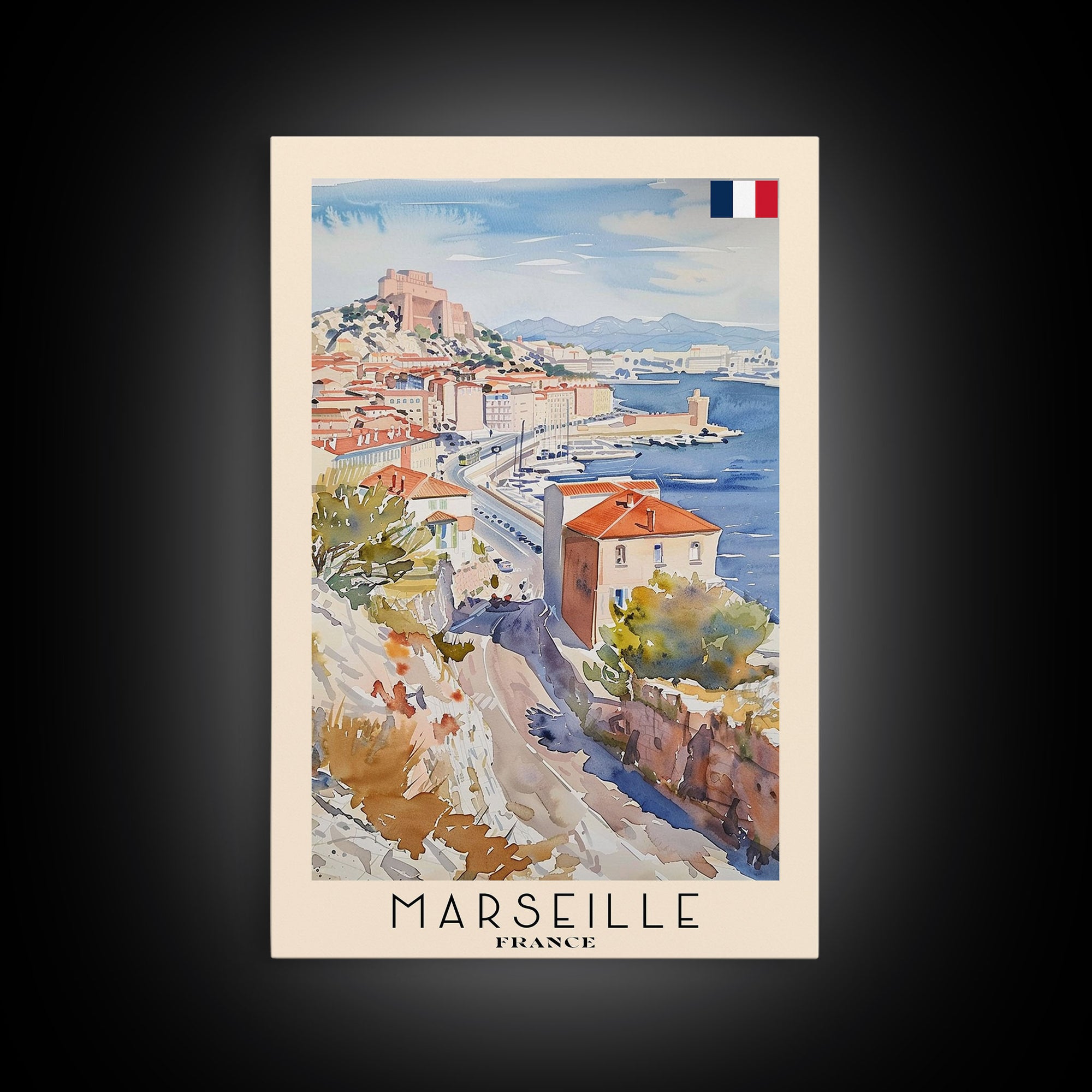 Marseille France Travel Poster Framed Canvas Print, Vibrant Cityscape, Watercolor Art, Wall Hanging, Home Decoration, Travel Print, Artistic Gift