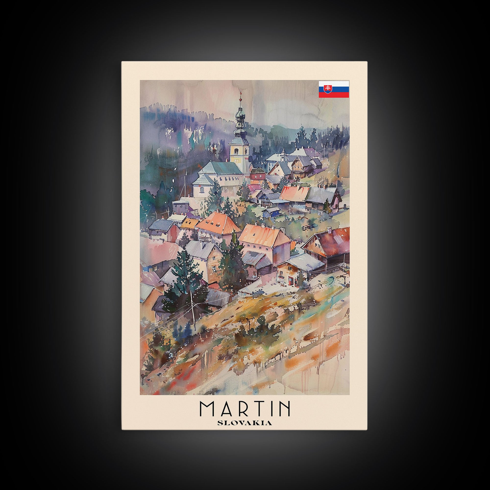 Martin Slovakia Travel Poster Framed Canvas Print, Scenic Mountain Landscape, Watercolor Art, Wall Decor, Home Interior, Travel Print, Unique Artwork