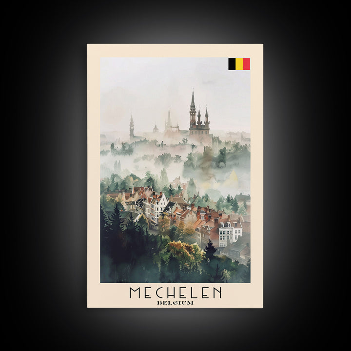 Mechelen Belgium Travel Poster Framed Canvas Print, Historic Architecture, Watercolor Painting, Wall Hanging, Home Decor, Travel Print, Artistic Piece