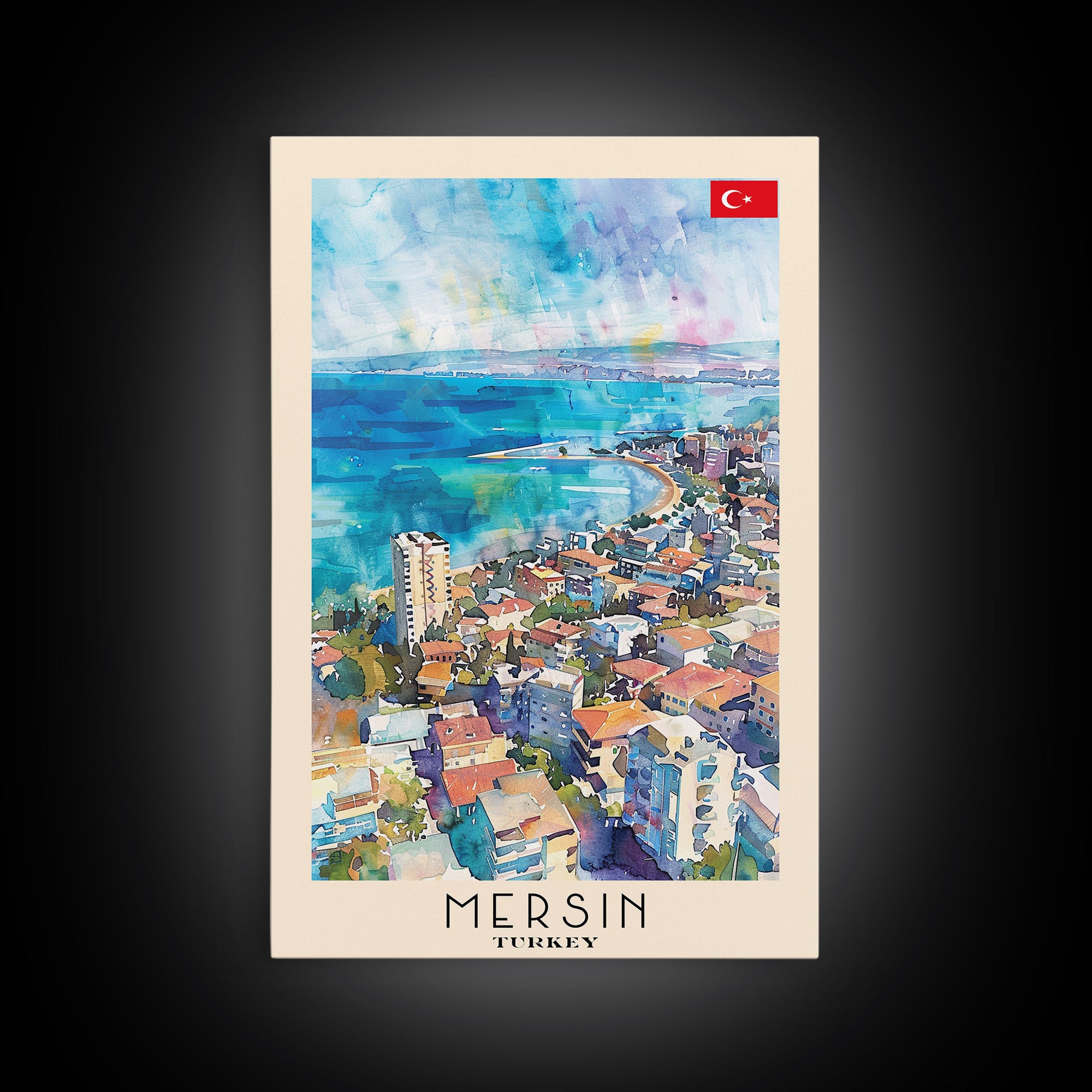 Mersin Turkey Travel Poster Framed Canvas Print, Coastal Landscape, Watercolor Art, Wall Decoration, Interior Design, Travel Print, Original Painting
