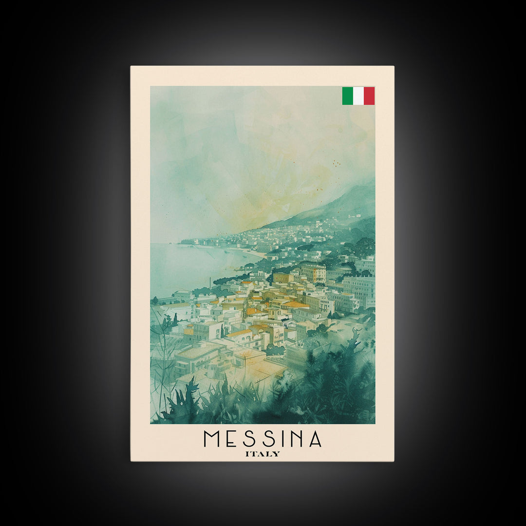 Messina Italy Travel Poster Framed Canvas Print, Urban Coastal Cityscape, Watercolor Art, Wall Decor, Home Decoration, Travel Print, Unique Art