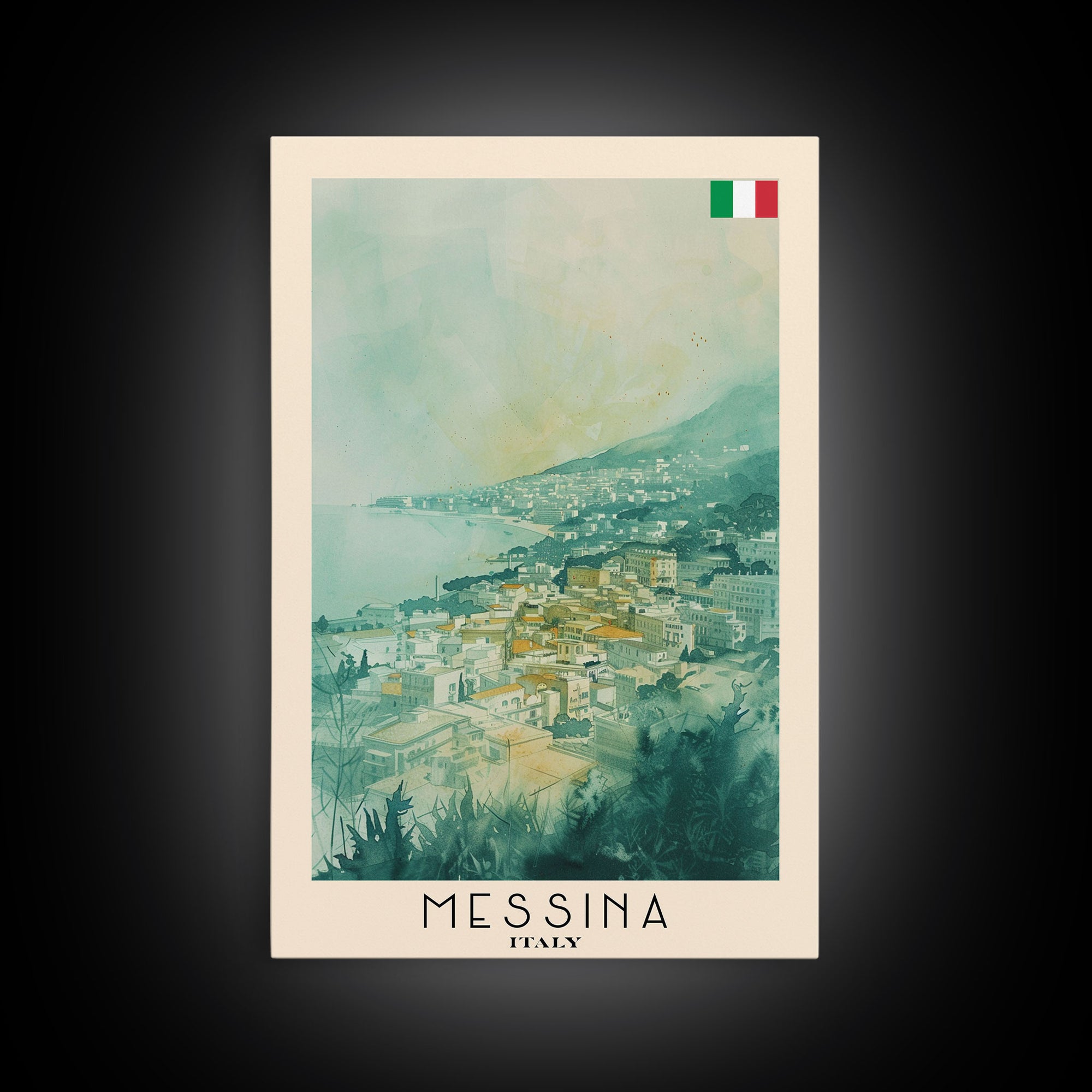 Messina Italy Travel Poster Framed Canvas Print, Urban Coastal Cityscape, Watercolor Art, Wall Decor, Home Decoration, Travel Print, Unique Art