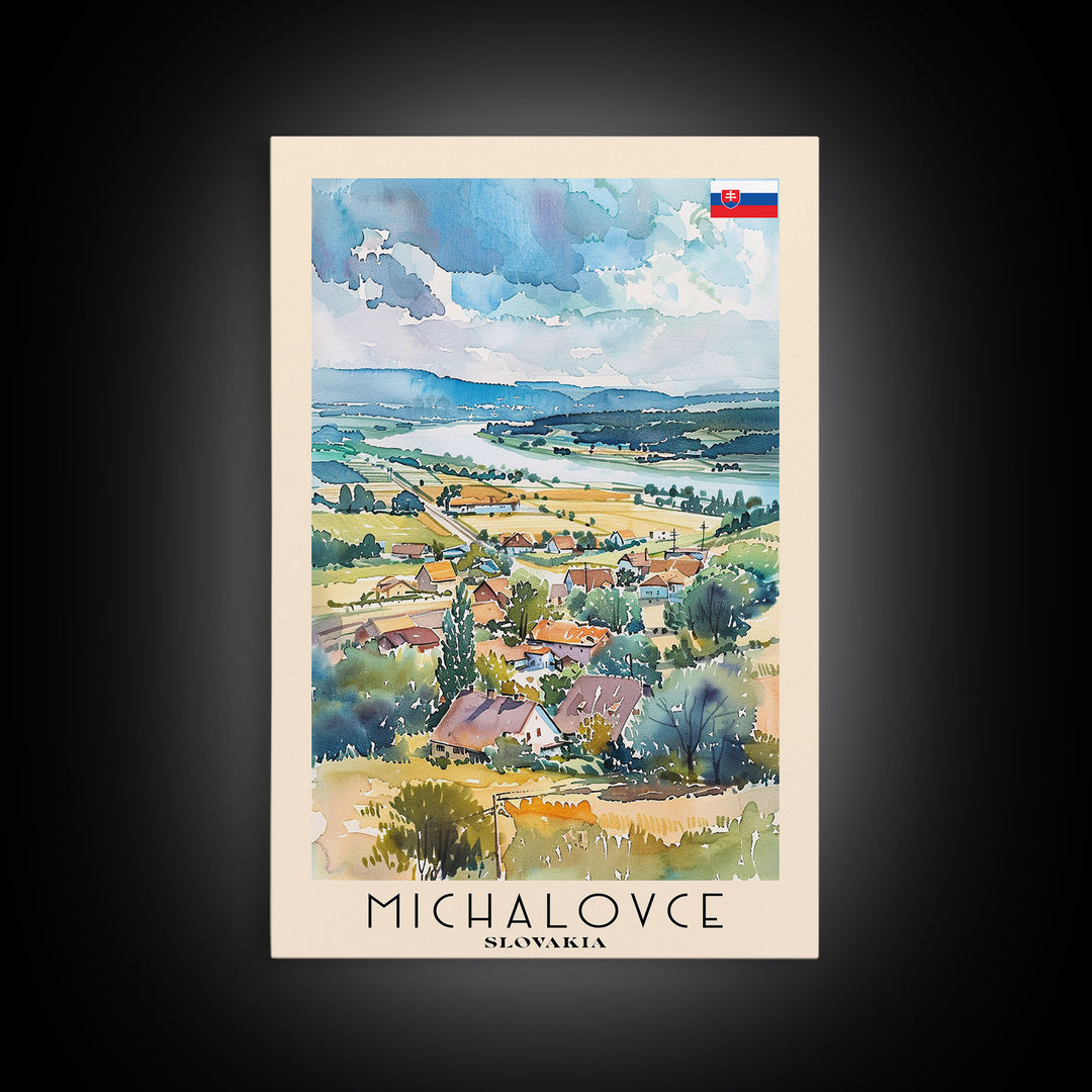 Michalovce Slovakia Travel Poster Framed Canvas Print, Scenic Landscape, Watercolor Painting, Wall Art, Home Decor, Travel Print, Original Piece