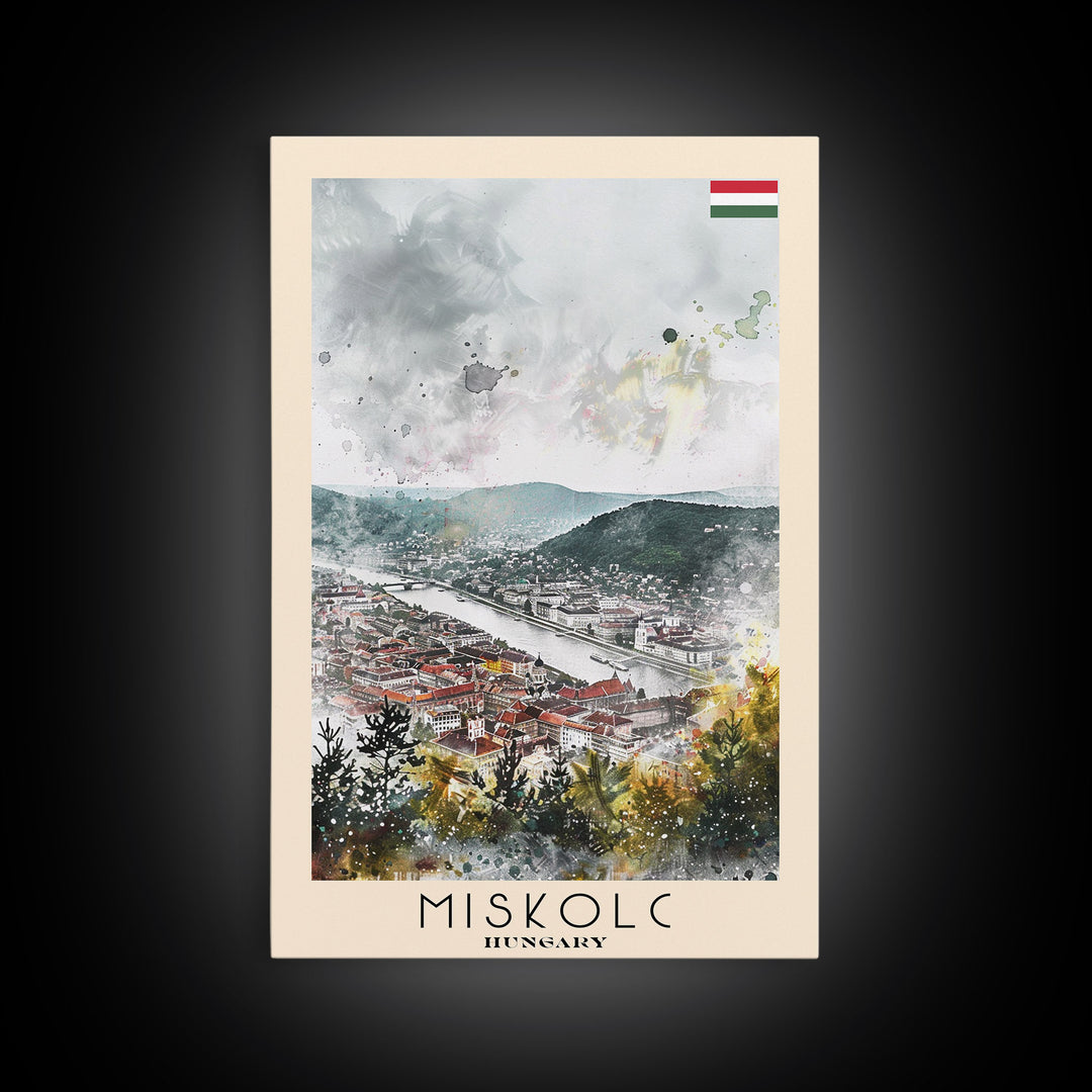 Miskolc Hungary Travel Poster Framed Canvas Print, Historic Cityscape, Watercolor Painting, Wall Decor, Home Decoration, Travel Print, Original Art