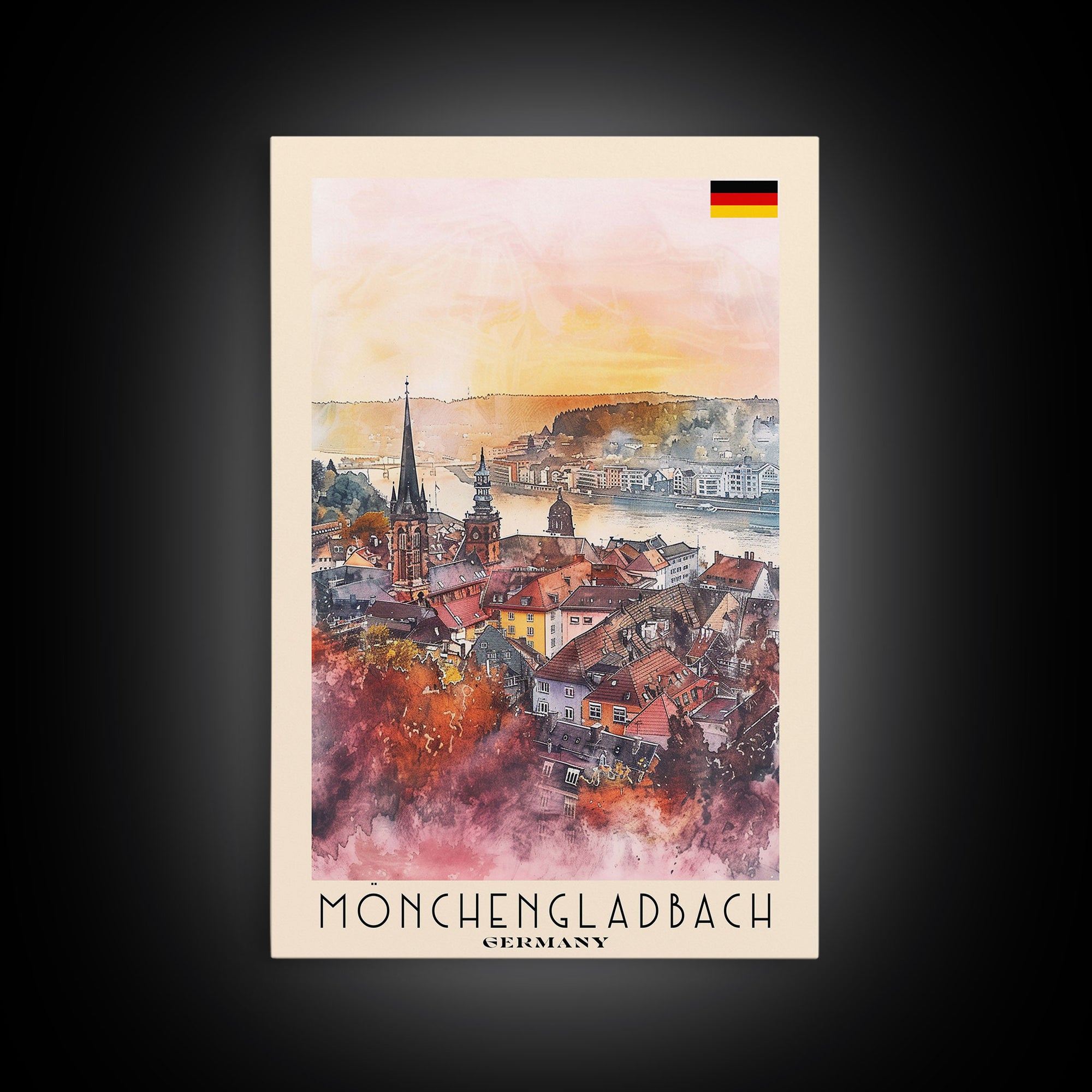 Mönchengladbach Germany Travel Poster Framed Canvas Print, Modern Cityscape, Watercolor Art, Wall Decoration, Interior Decor, Travel Print, Unique Artwork