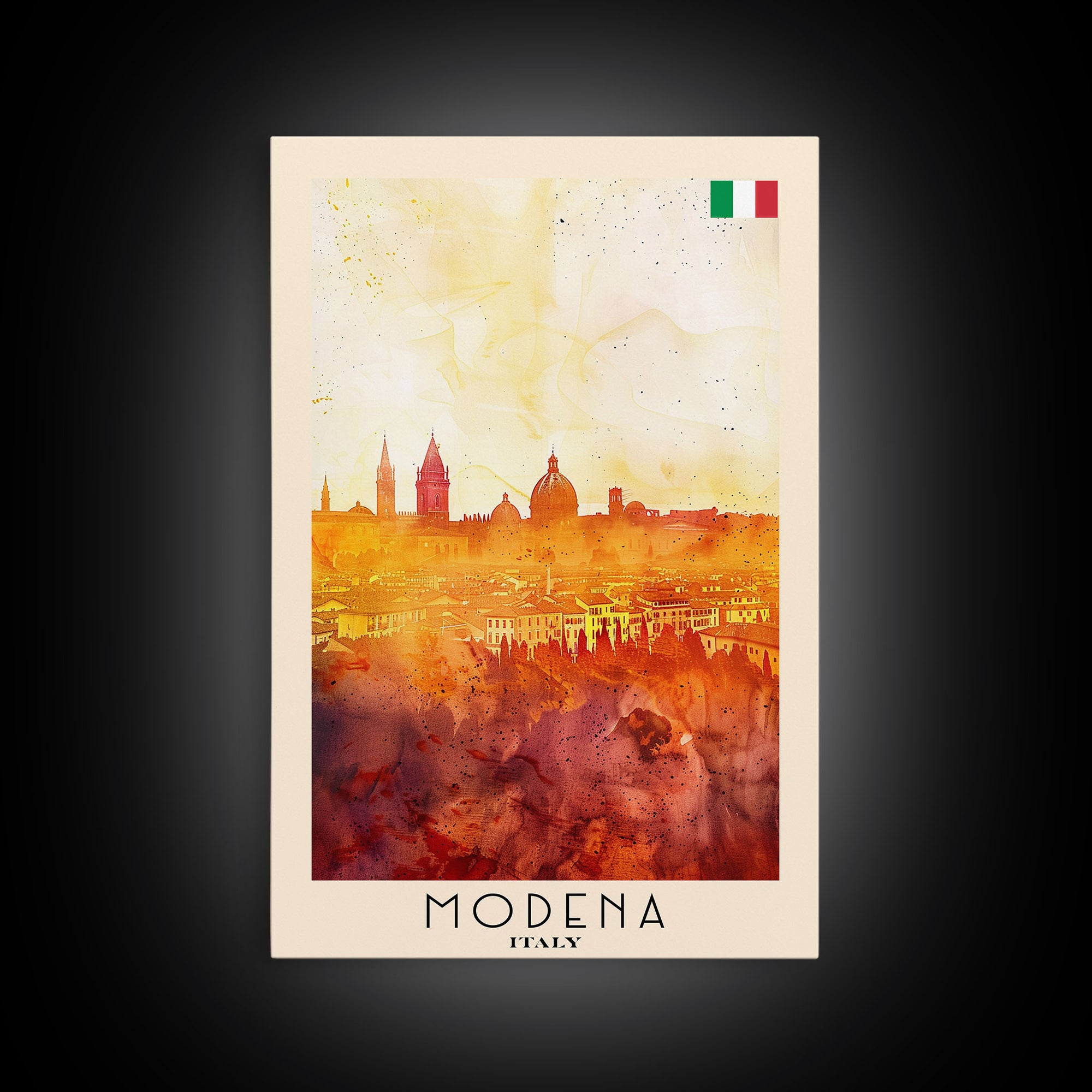 Modena Italy Travel Poster Framed Canvas Print, Historic Cityscape, Watercolor Art, Wall Hanging, Home Decor, Travel Print, Artistic Piece