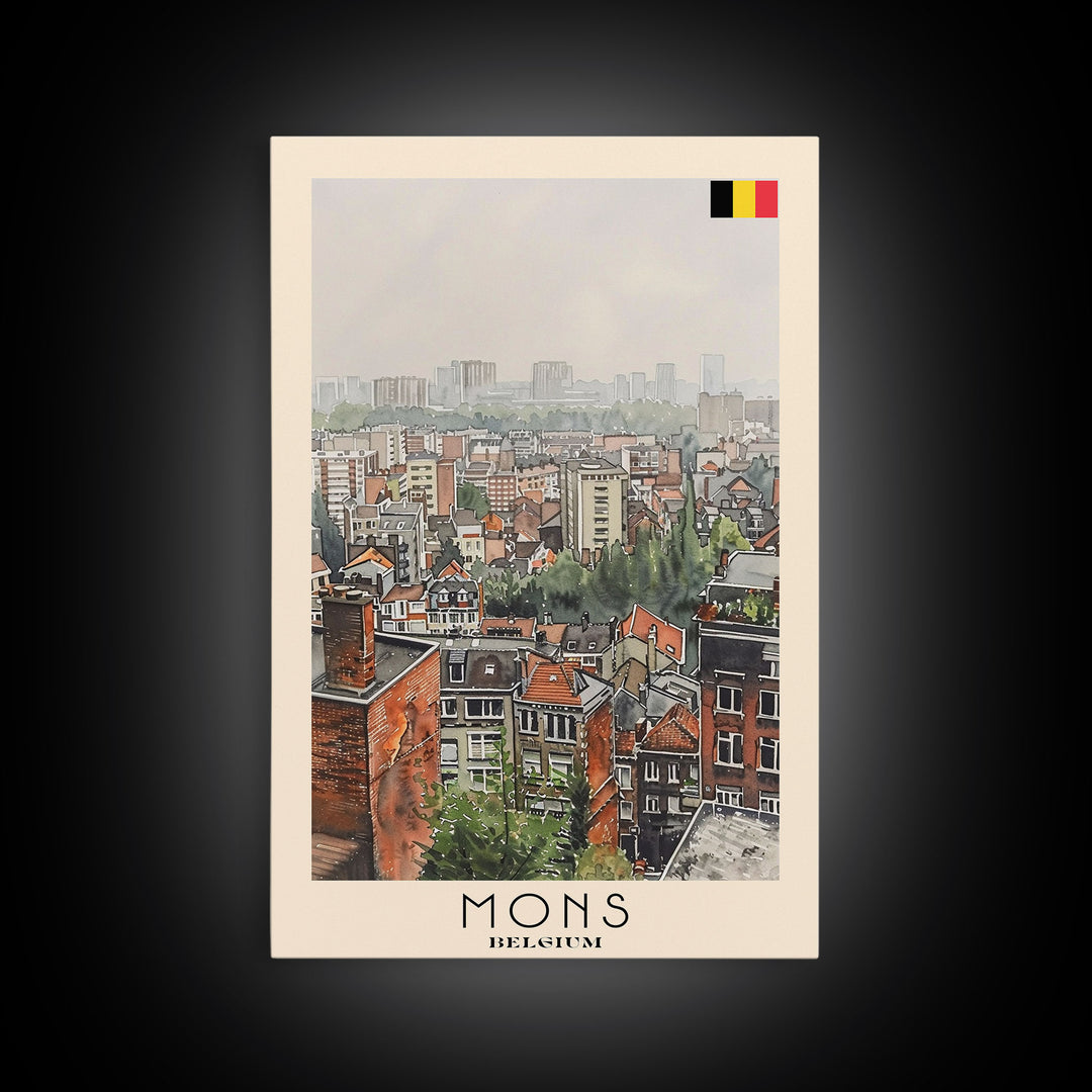 Mons Belgium Travel Poster Framed Canvas Print, Scenic Urban Landscape, Watercolor Painting, Wall Art, Home Decor, Travel Print, Original Painting