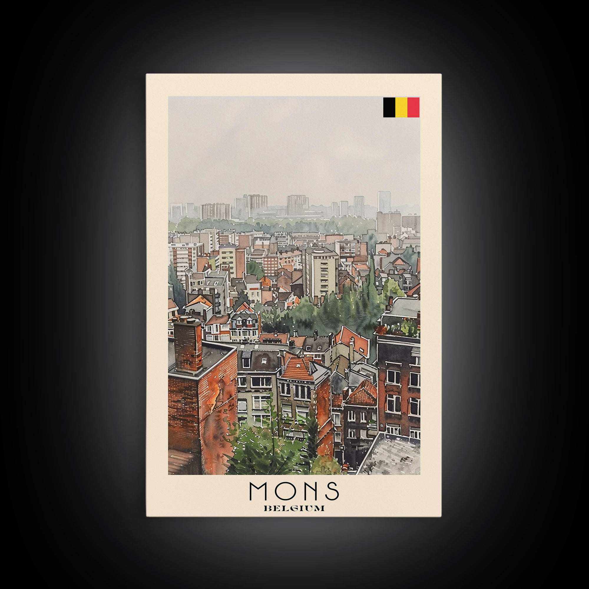 Mons Belgium Travel Poster Framed Canvas Print, Scenic Urban Landscape, Watercolor Painting, Wall Art, Home Decor, Travel Print, Original Painting