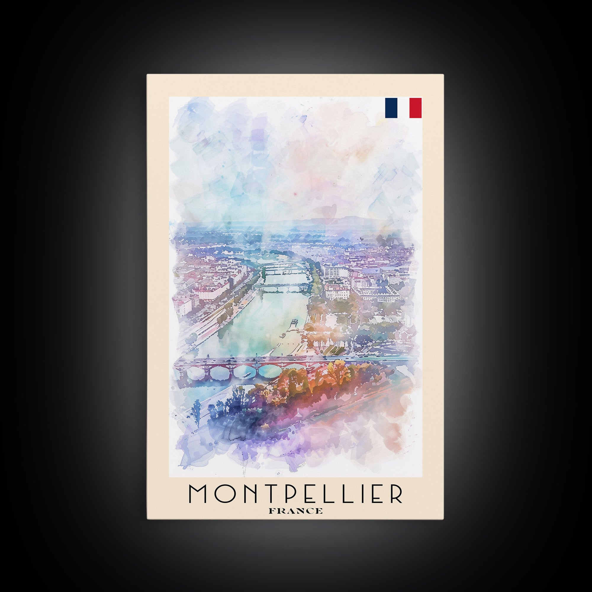 Montpellier France Travel Poster Framed Canvas Print, Vibrant Cityscape, Watercolor Art, Wall Decor, Interior Design, Travel Print, Unique Artwork