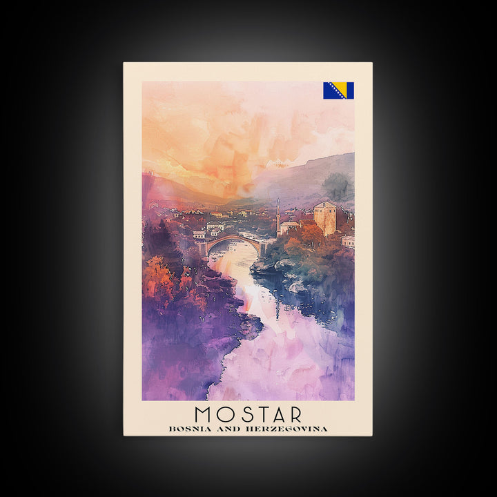 Mostar Bosnia Travel Poster Framed Canvas Print, Scenic Landscape, Watercolor Art, Wall Hanging, Home Decoration, Travel Print, Original Piece