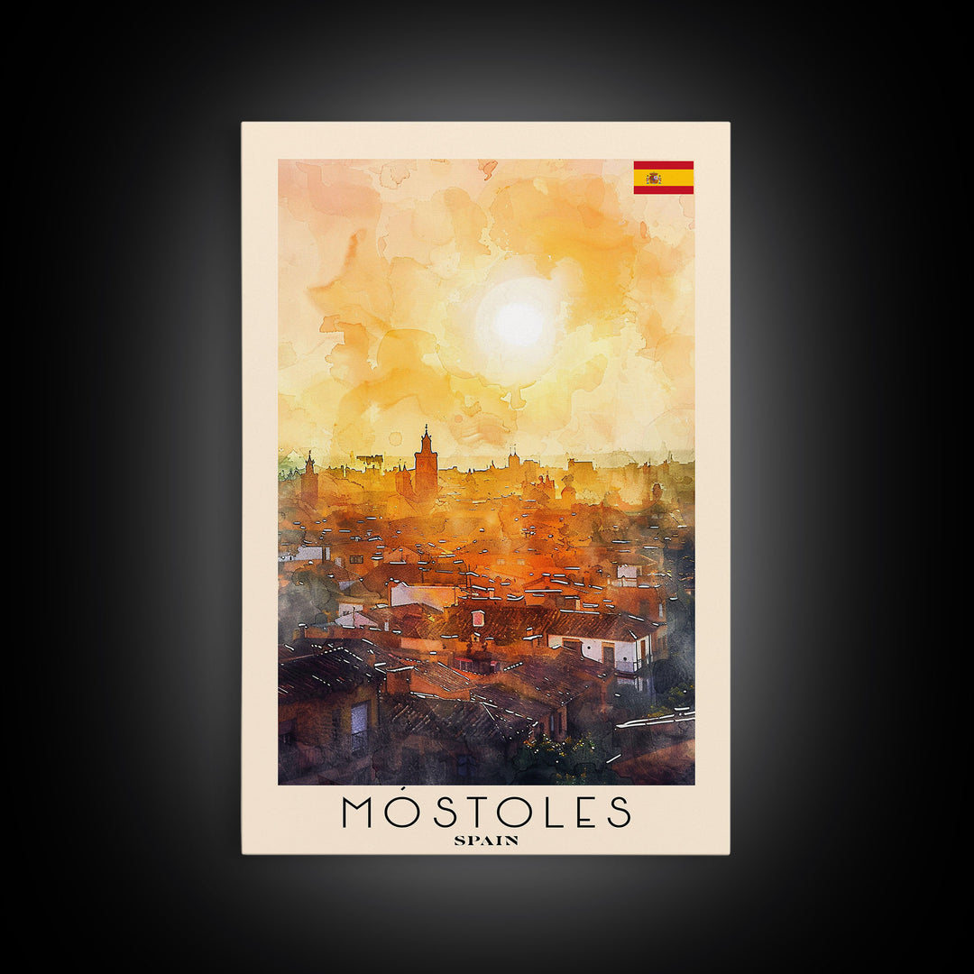 Móstoles Spain Travel Poster Framed Canvas Print, Urban Landscape, Watercolor Art, Wall Decor, Interior Decor, Travel Print, Unique Artwork