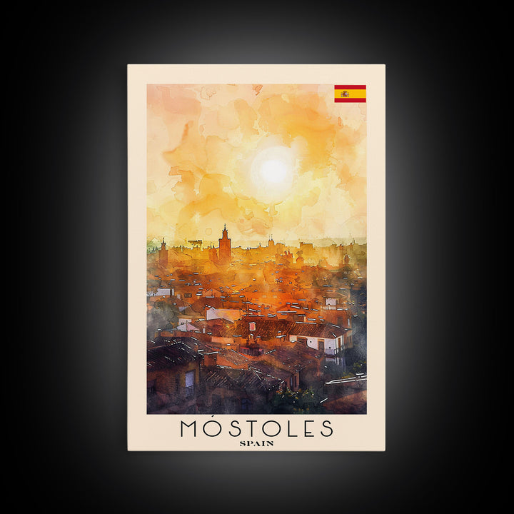 Móstoles Spain Travel Poster Framed Canvas Print, Urban Landscape, Watercolor Art, Wall Decor, Interior Decor, Travel Print, Unique Artwork