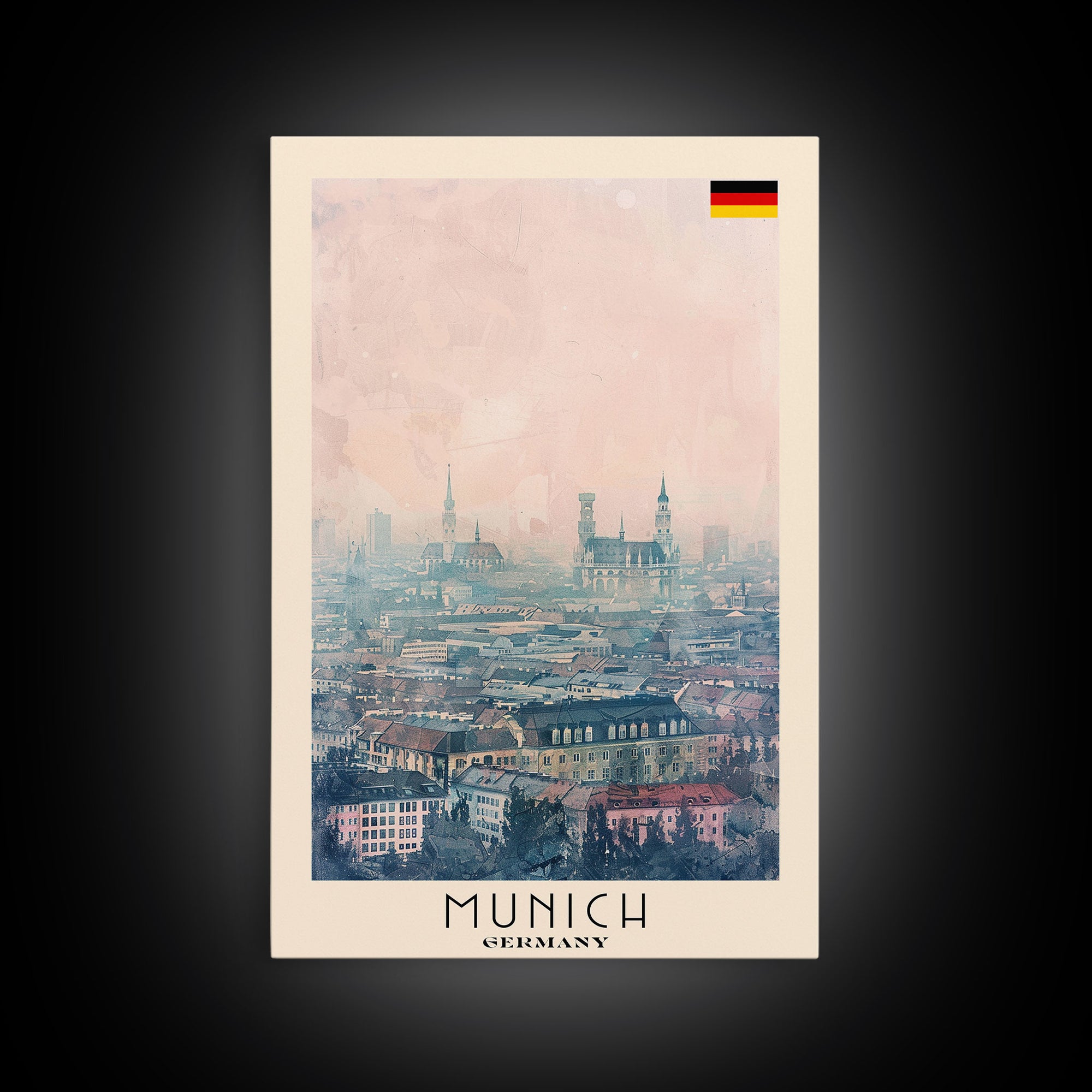 Munich Germany Travel Poster Framed Canvas Print, Iconic Cityscape, Watercolor Art, Wall Decoration, Home Decor, Travel Print, Artistic Piece