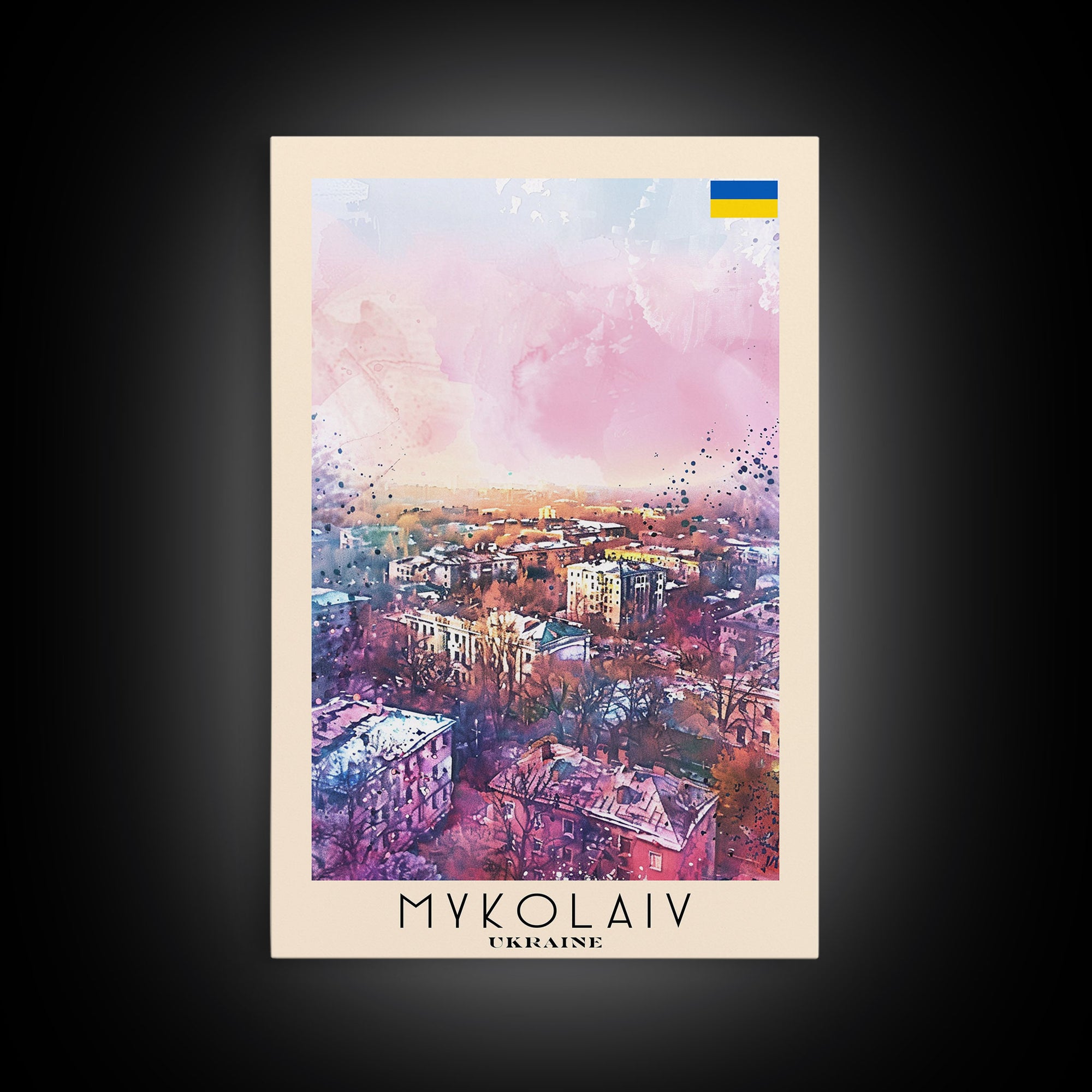 Mykolaiv Ukraine Travel Poster Framed Canvas Print, Urban Landscape, Watercolor Art, Wall Decor, Interior Decoration, Travel Print, Original Artwork