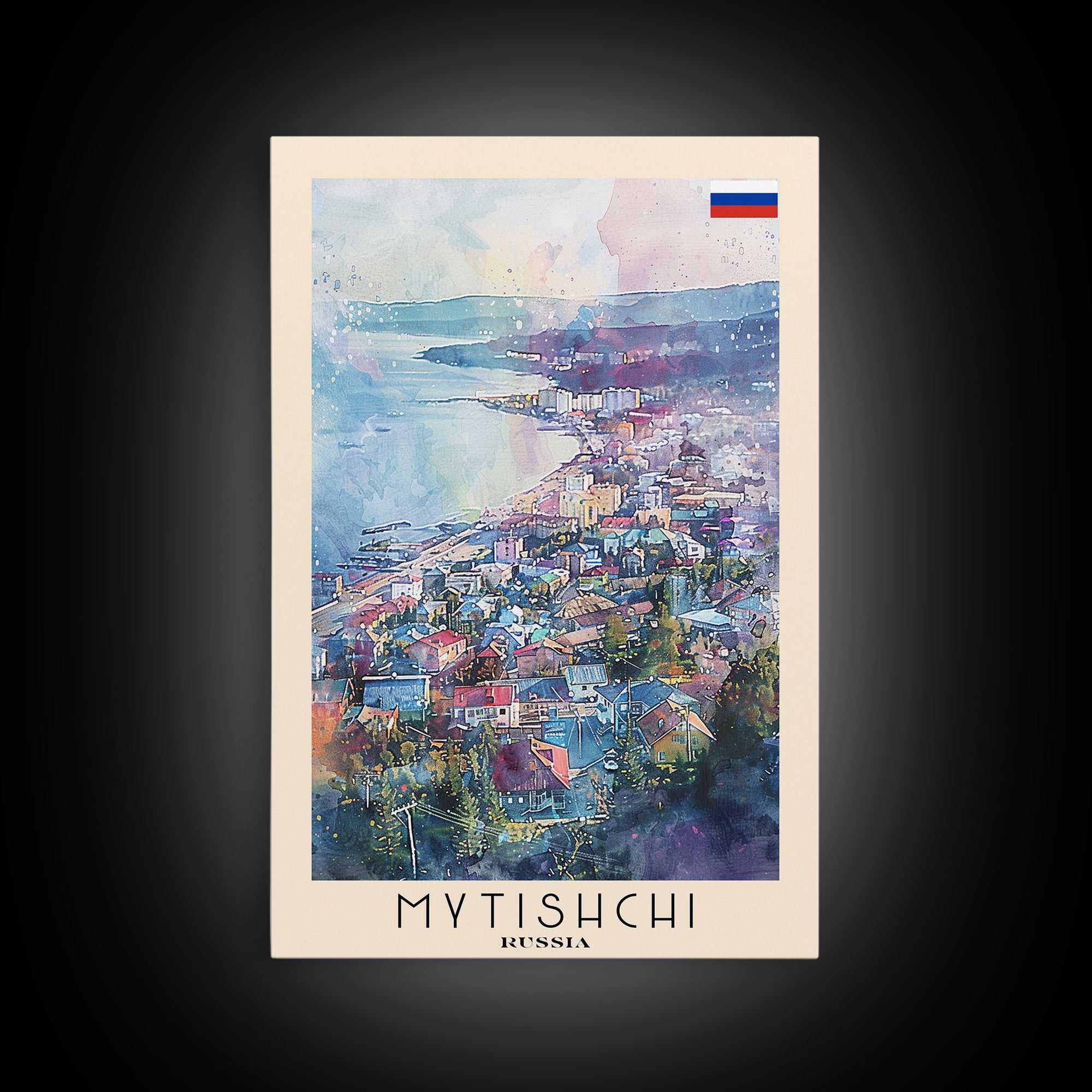 Mytishchi Russia Travel Poster Framed Canvas Print, Vibrant Cityscape, Watercolor Art, Wall Hanging, Home Decor, Travel Print, Unique Piece