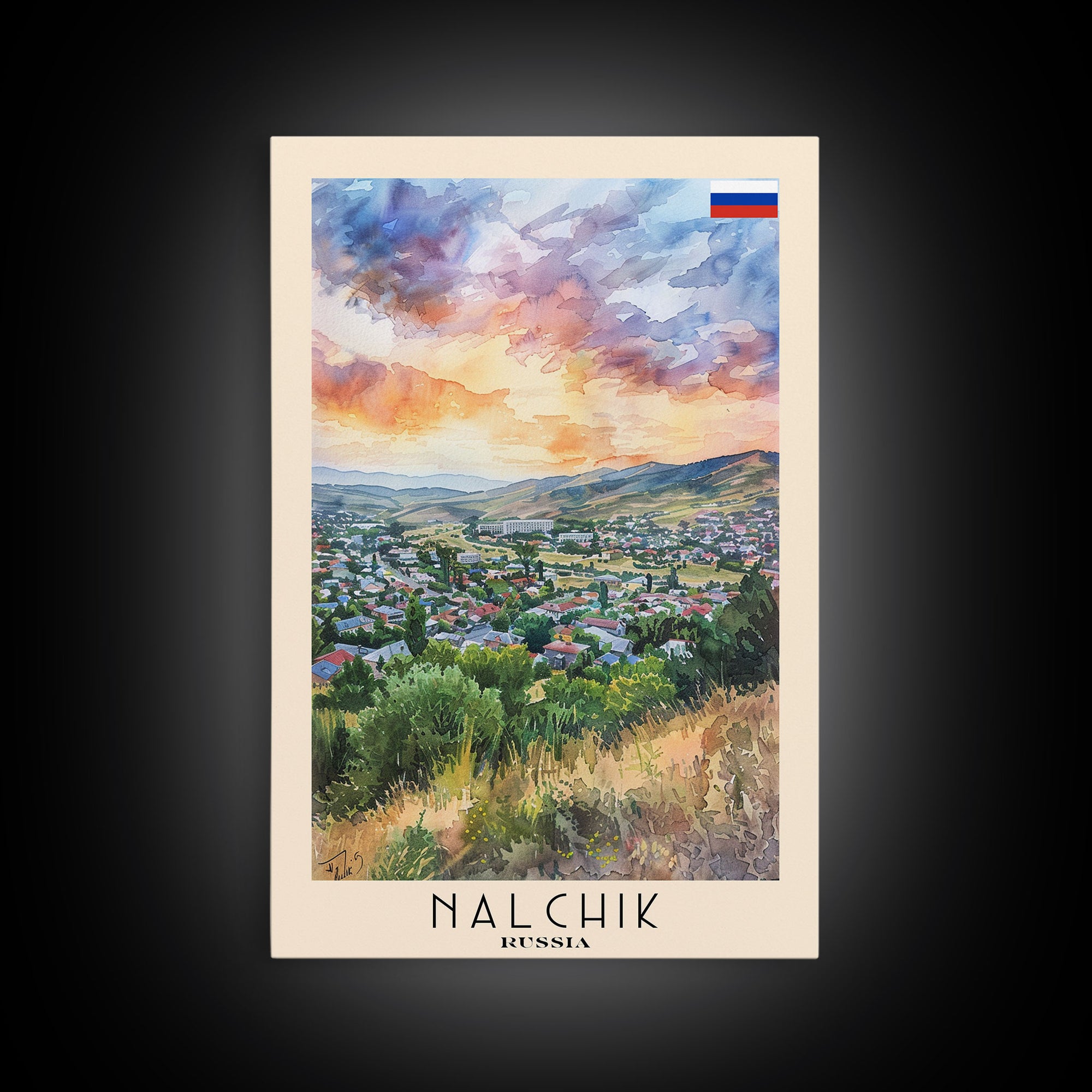 Nalchik Russia Travel Poster Framed Canvas Print, Sunset Watercolor Painting, Scenic Art, Vacation Wall Art, Living Room Decor, Unique Art