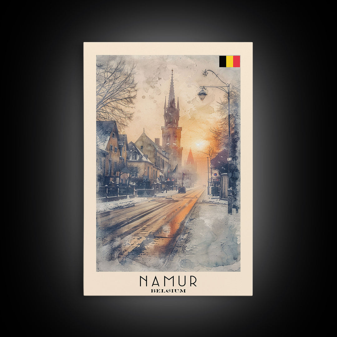 Namur Belgium Framed Canvas Print, Vintage Travel Poster, Architectural Wall Art, Watercolor Painting, Home Decor, Vacation Art, Unique Art