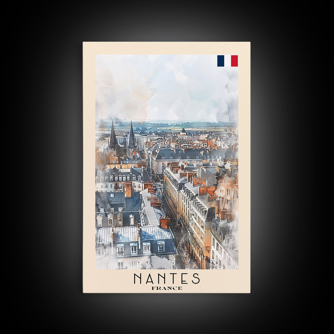 Nantes France Travel Poster Framed Canvas Print, Cityscape Watercolor Painting, Wall Art, Home Decor, Vacation Art, Urban Art, Unique Art