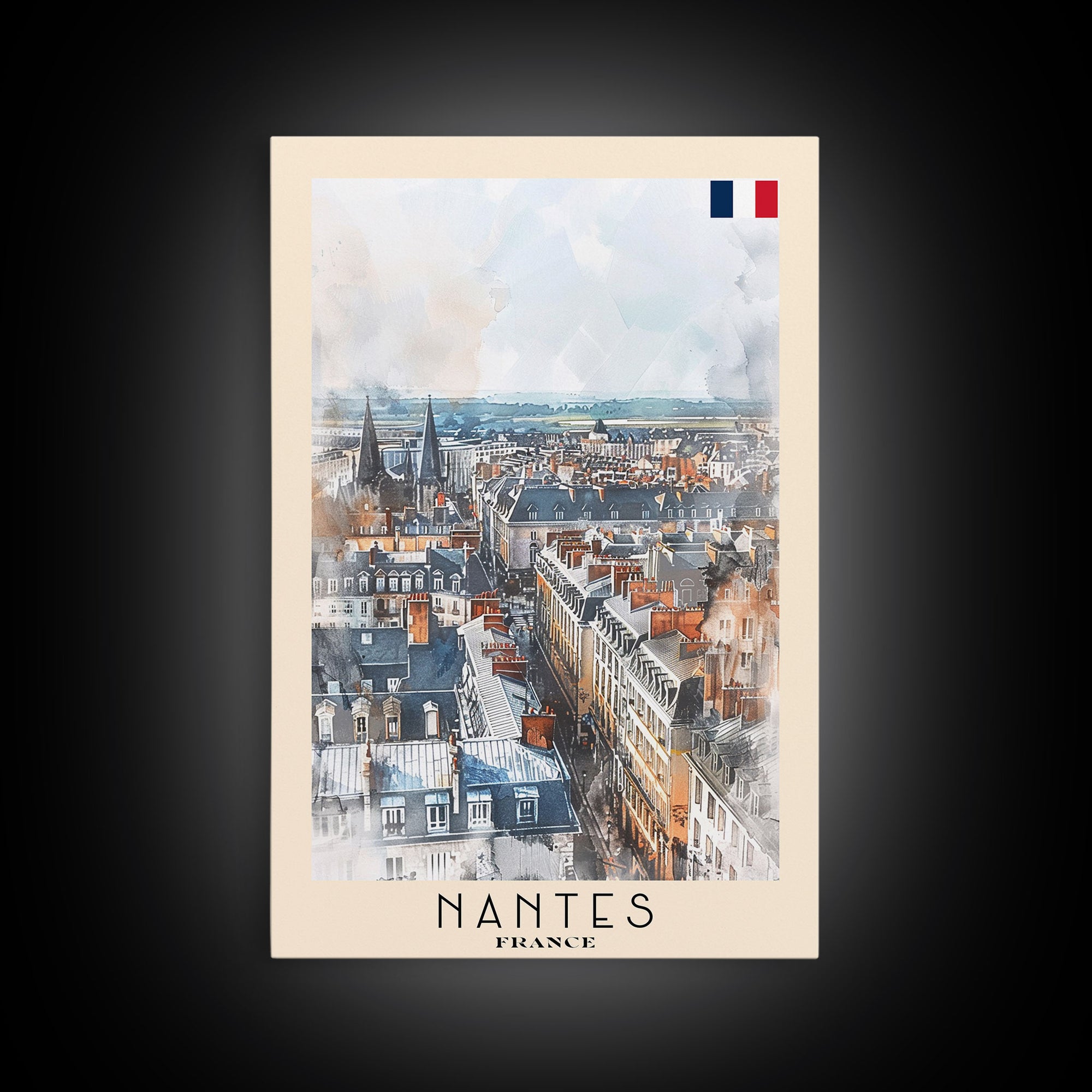 Nantes France Travel Poster Framed Canvas Print, Cityscape Watercolor Painting, Wall Art, Home Decor, Vacation Art, Urban Art, Unique Art
