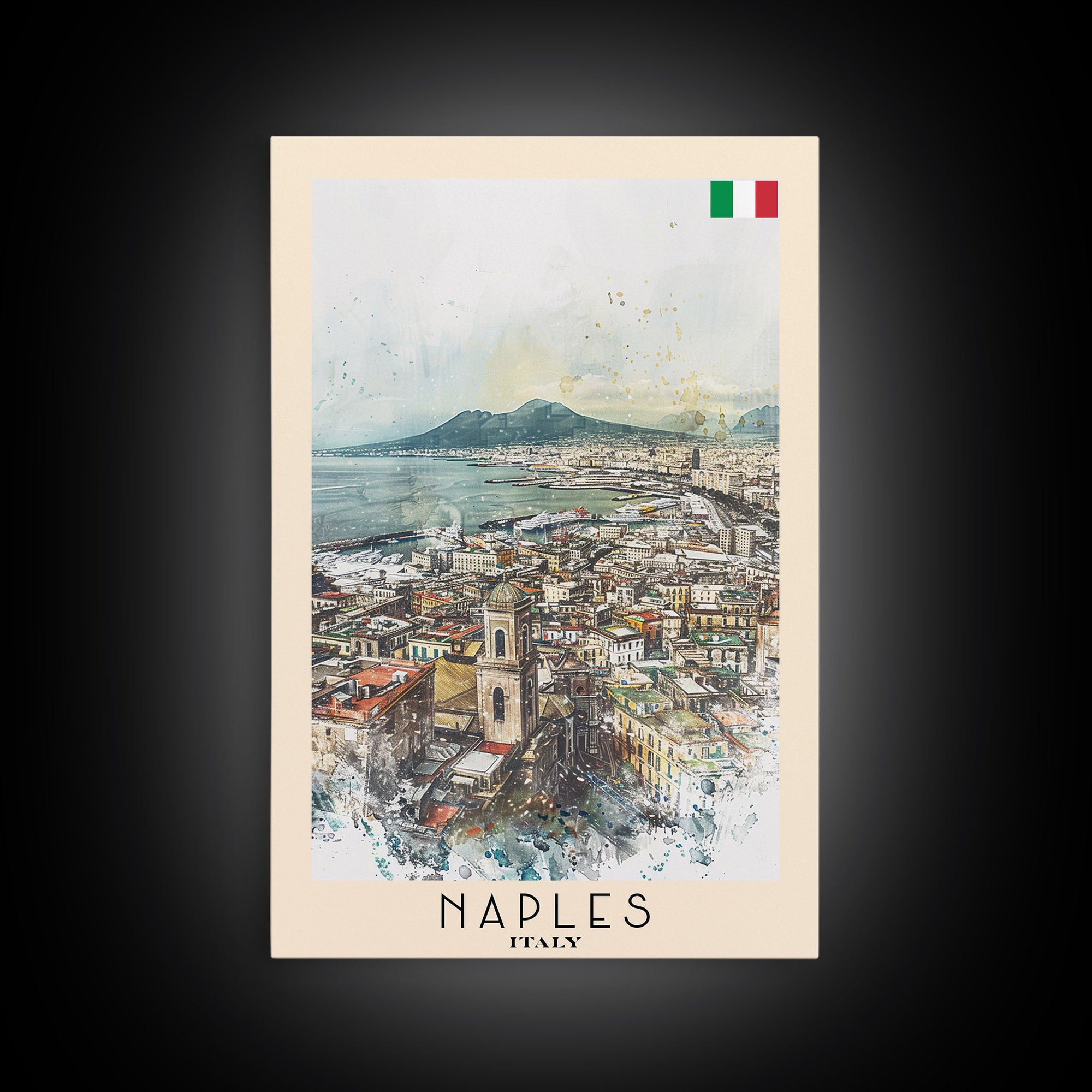 Naples Italy Framed Canvas Print, Scenic Travel Poster, Watercolor Painting, Coastal Wall Art, Home Decor, Vacation Art, Unique Art