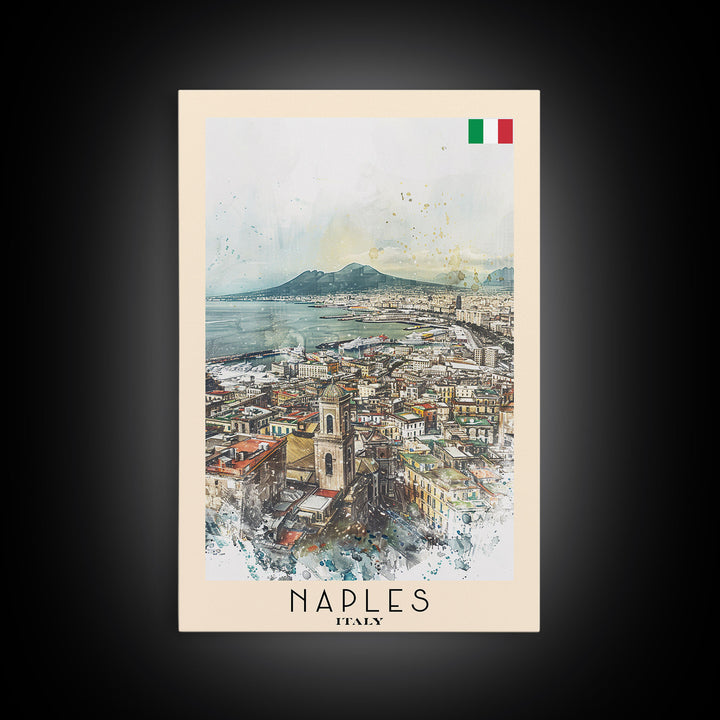 Naples Italy Framed Canvas Print, Scenic Travel Poster, Watercolor Painting, Coastal Wall Art, Home Decor, Vacation Art, Unique Art