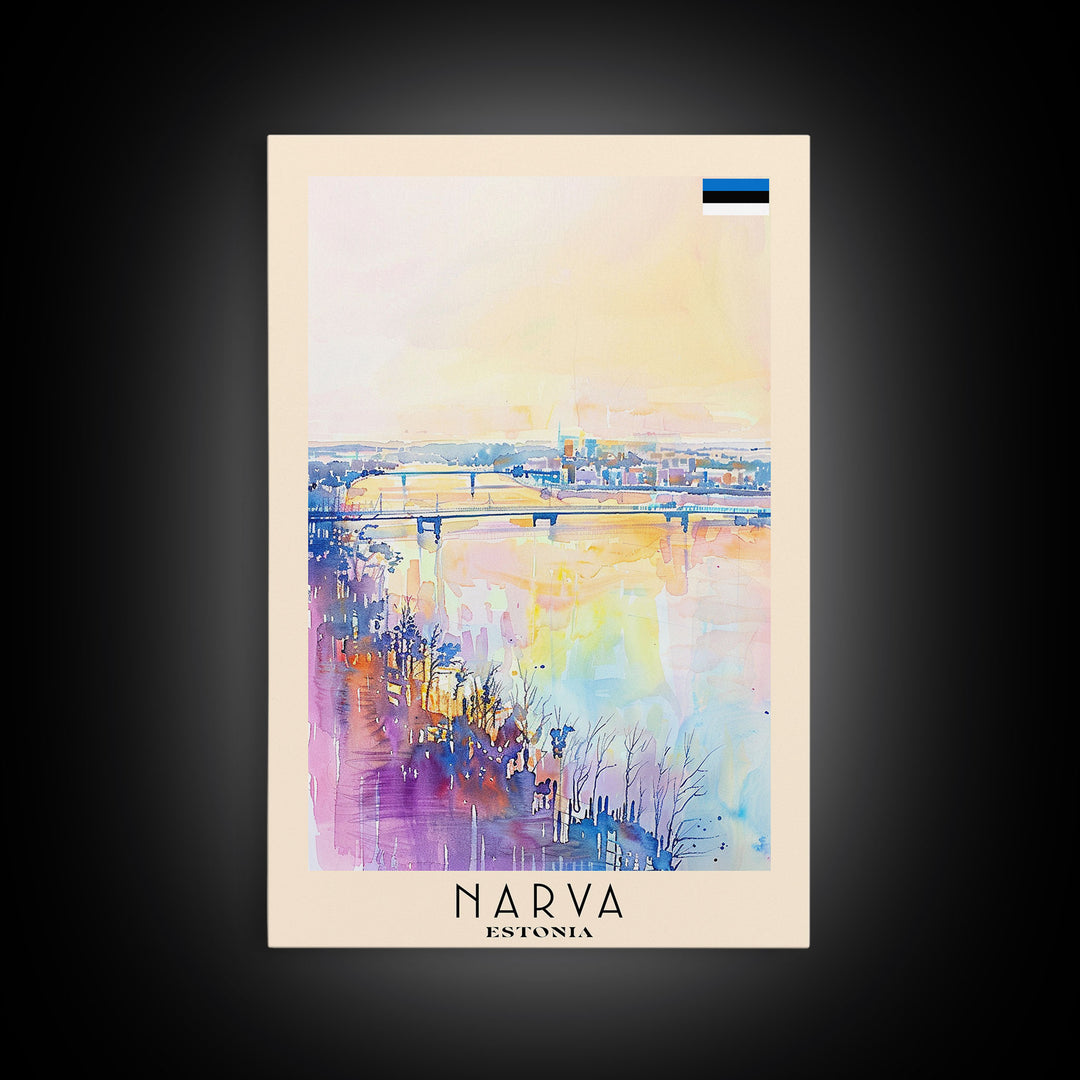 Narva Estonia Framed Canvas Print, Sunset Travel Poster, Watercolor Painting, Scenic Wall Art, Home Decor, Vacation Art, Unique Art