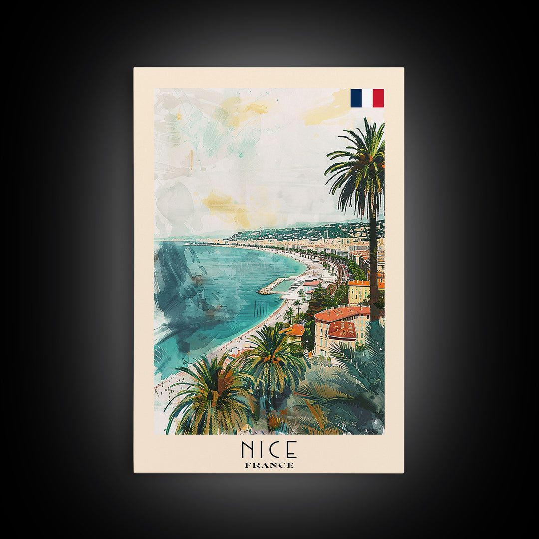 Nice France Travel Poster Framed Canvas Print, Coastal Watercolor Painting, Scenic Wall Art, Home Decor, Vacation Art, Unique Art