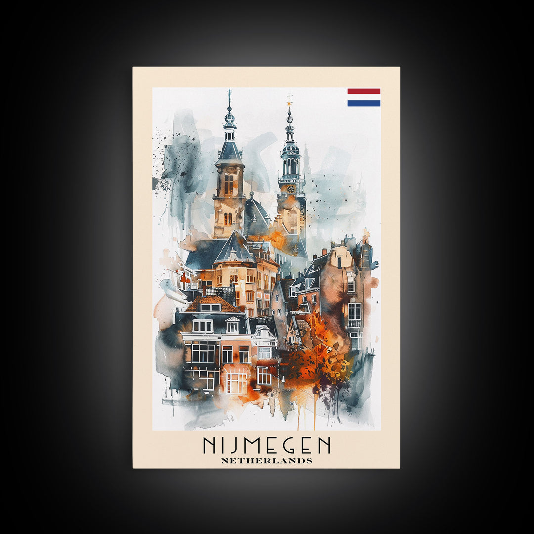 Nijmegen Netherlands Framed Canvas Print, Urban Travel Poster, Watercolor Painting, Architectural Wall Art, Home Decor, Unique Art