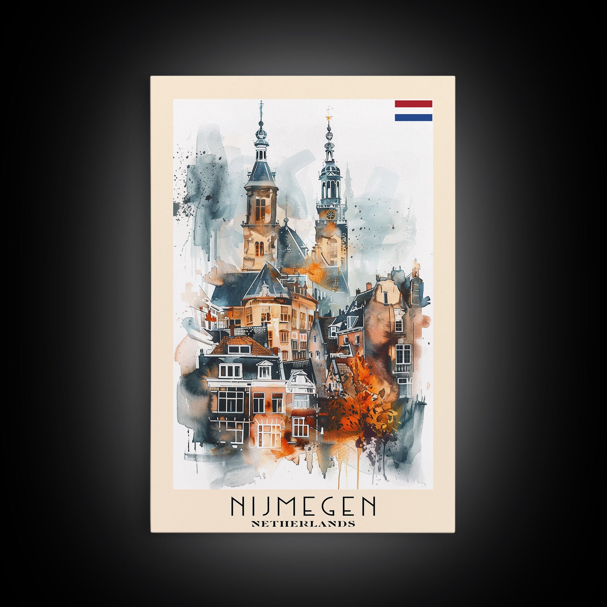 Nijmegen Netherlands Framed Canvas Print, Urban Travel Poster, Watercolor Painting, Architectural Wall Art, Home Decor, Unique Art