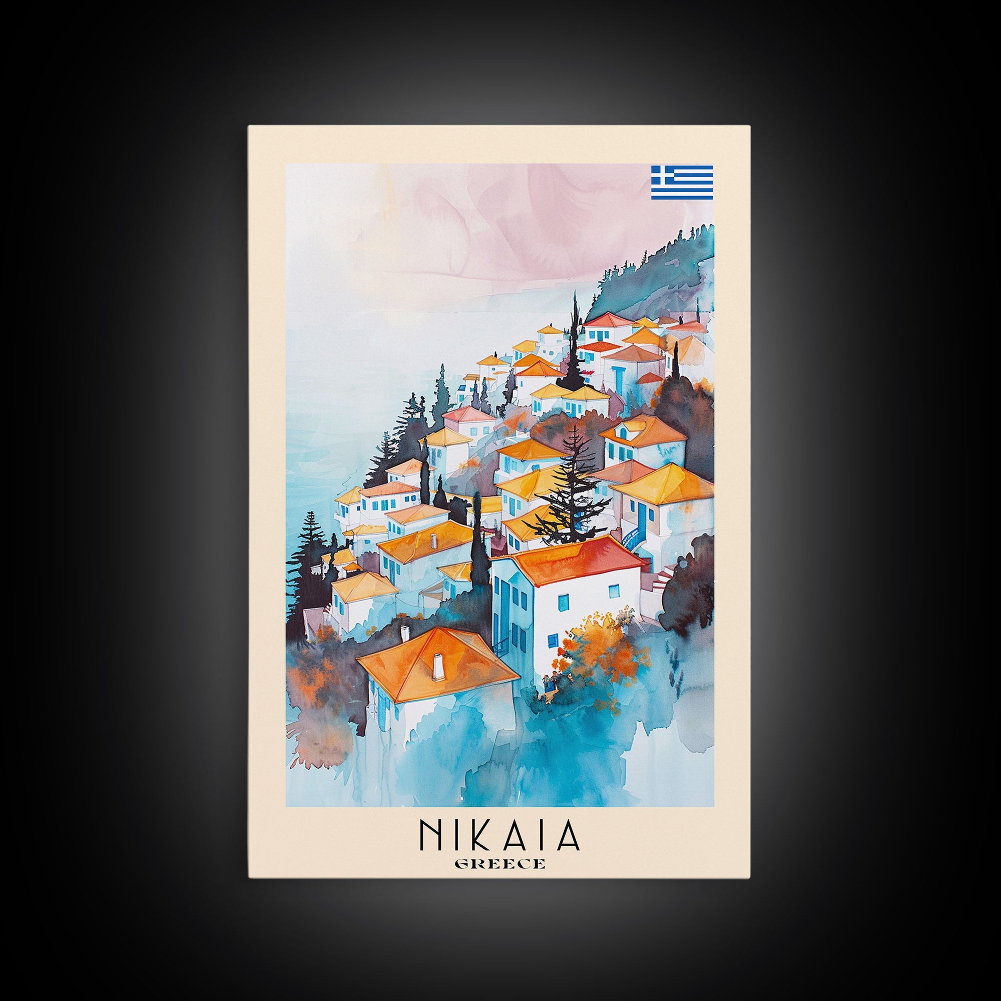 Nikaia Greece Framed Canvas Print, Boho Travel Poster, Watercolor Painting, Wall Art, Home Decor, Greek Scenery, Mediterranean Style