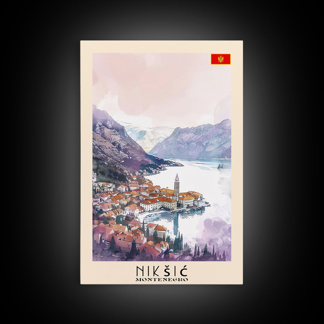 Niksic Montenegro Framed Canvas Print, Scenic Travel Poster, Watercolor Painting, Wall Art, Home Decor, Montenegro Landscape, Rustic Decor