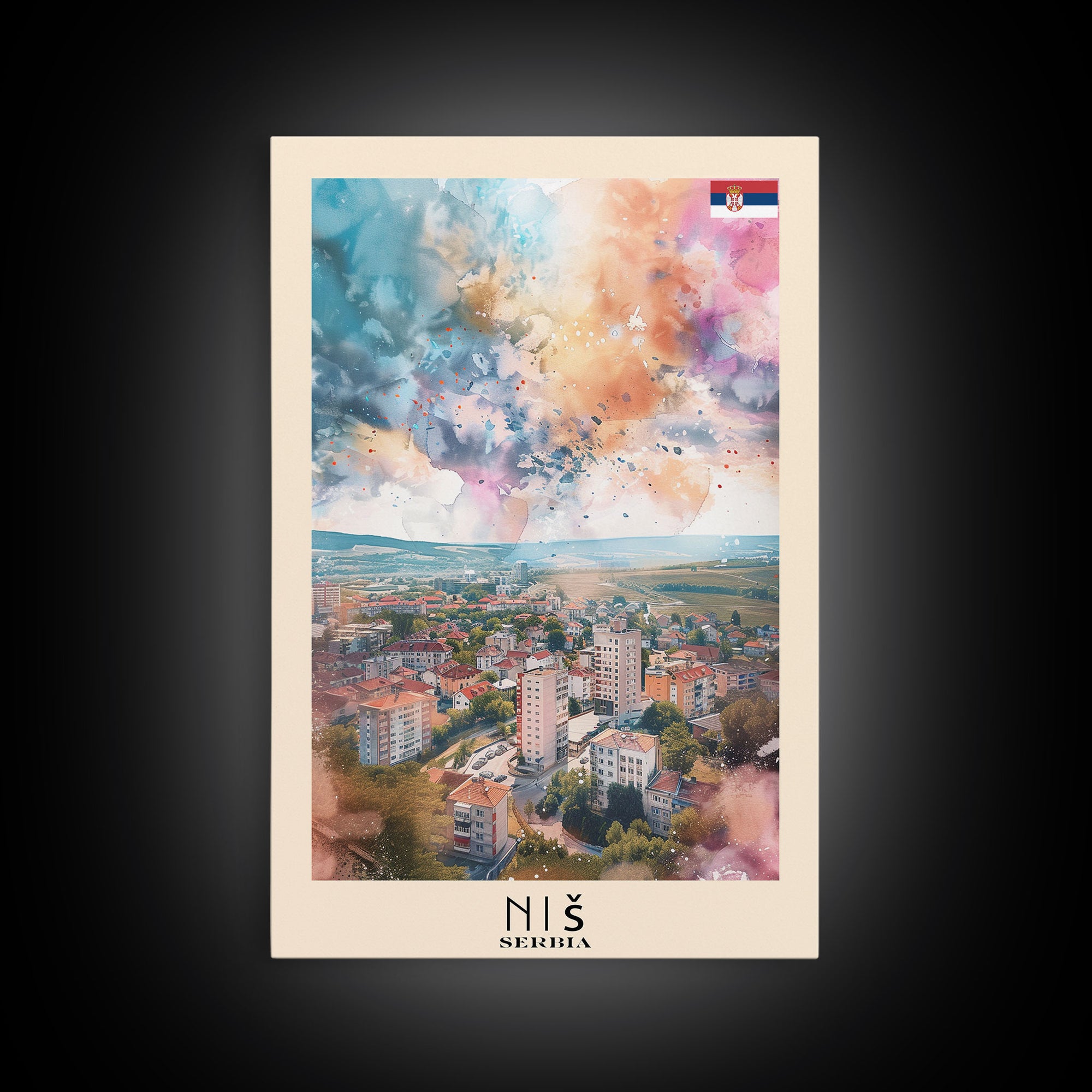 Nis Serbia Framed Canvas Print, Historic Travel Poster, Watercolor Painting, Wall Art, Home Decor, Serbian Culture, Vintage Art