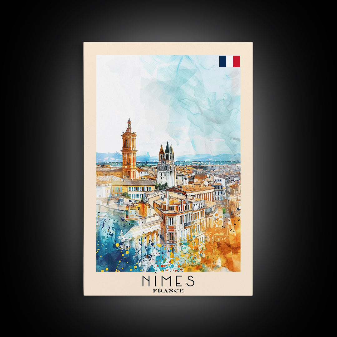 Nîmes France Framed Canvas Print, Historic Travel Poster, Watercolor Painting, Wall Art, Home Decor, French Architecture, Vintage Style