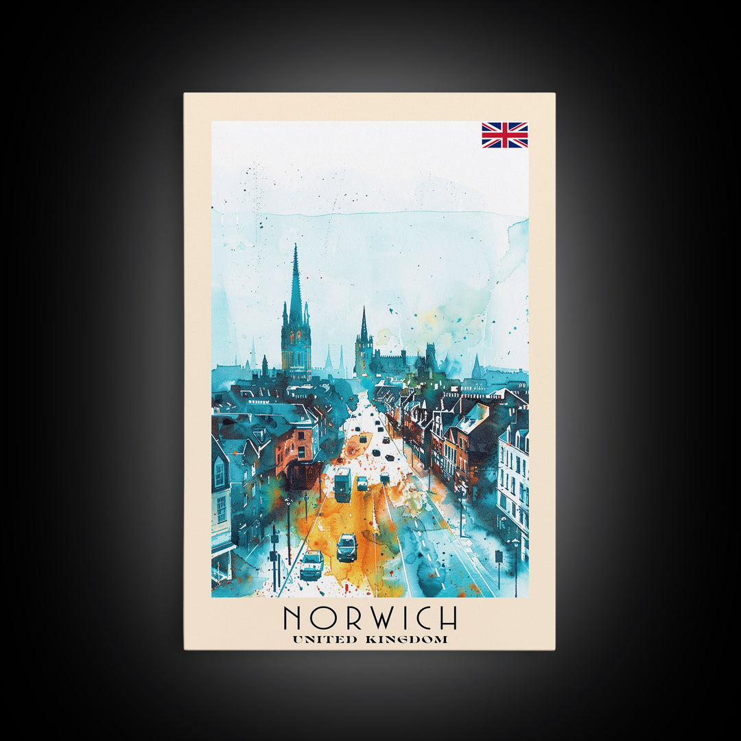 Norwich United Kingdom Travel Poster Framed Canvas Print, Watercolor Painting, Historic Wall Art, Home Decor, British Architecture, Artistic Decor