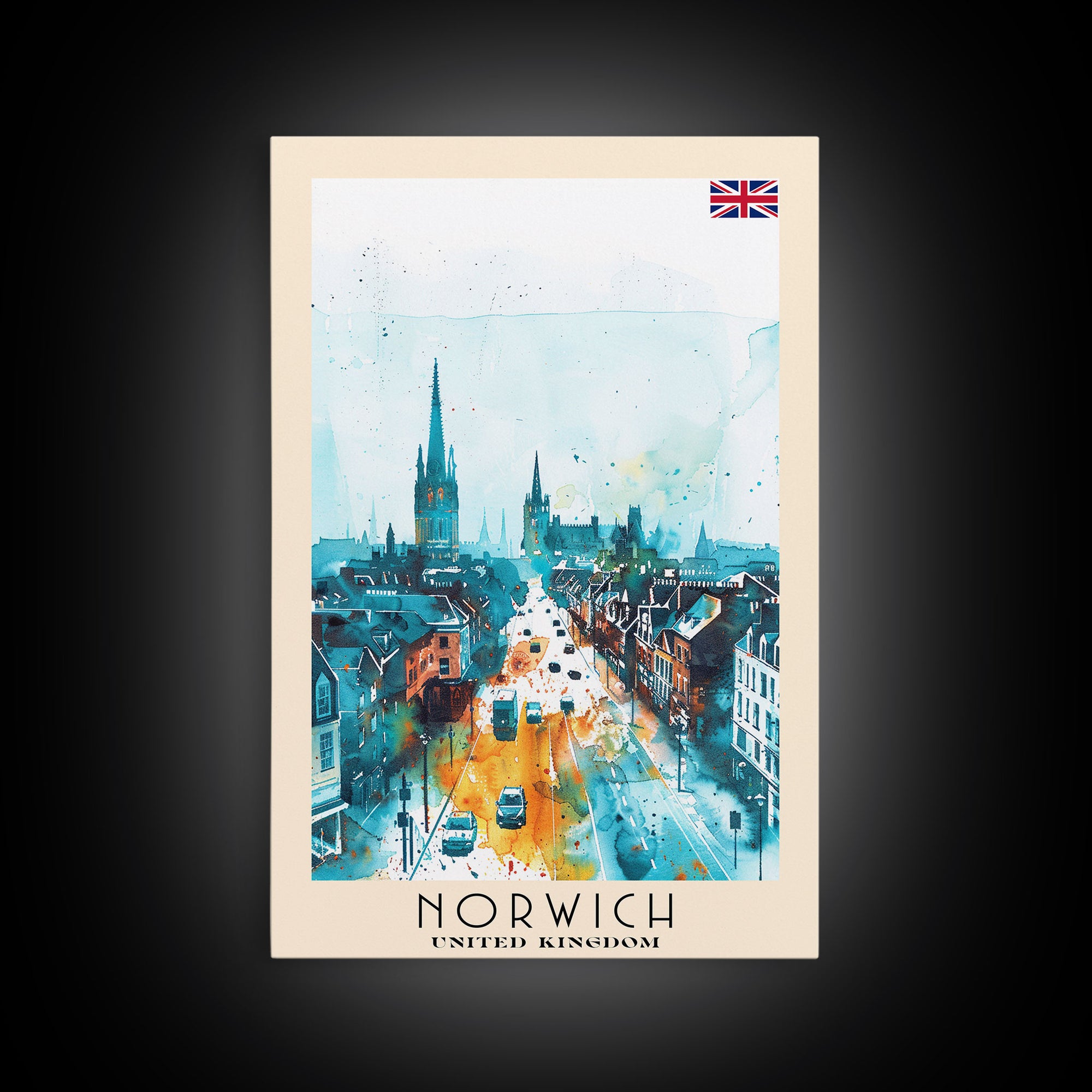 Norwich United Kingdom Travel Poster Framed Canvas Print, Watercolor Painting, Historic Wall Art, Home Decor, British Architecture, Artistic Decor