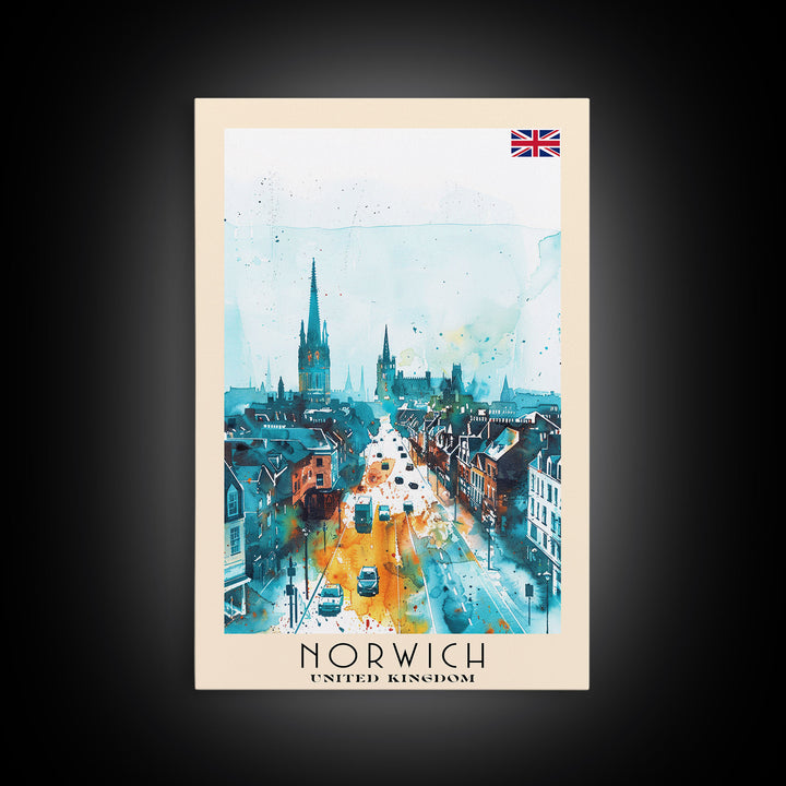 Norwich United Kingdom Travel Poster Framed Canvas Print, Watercolor Painting, Historic Wall Art, Home Decor, British Architecture, Artistic Decor