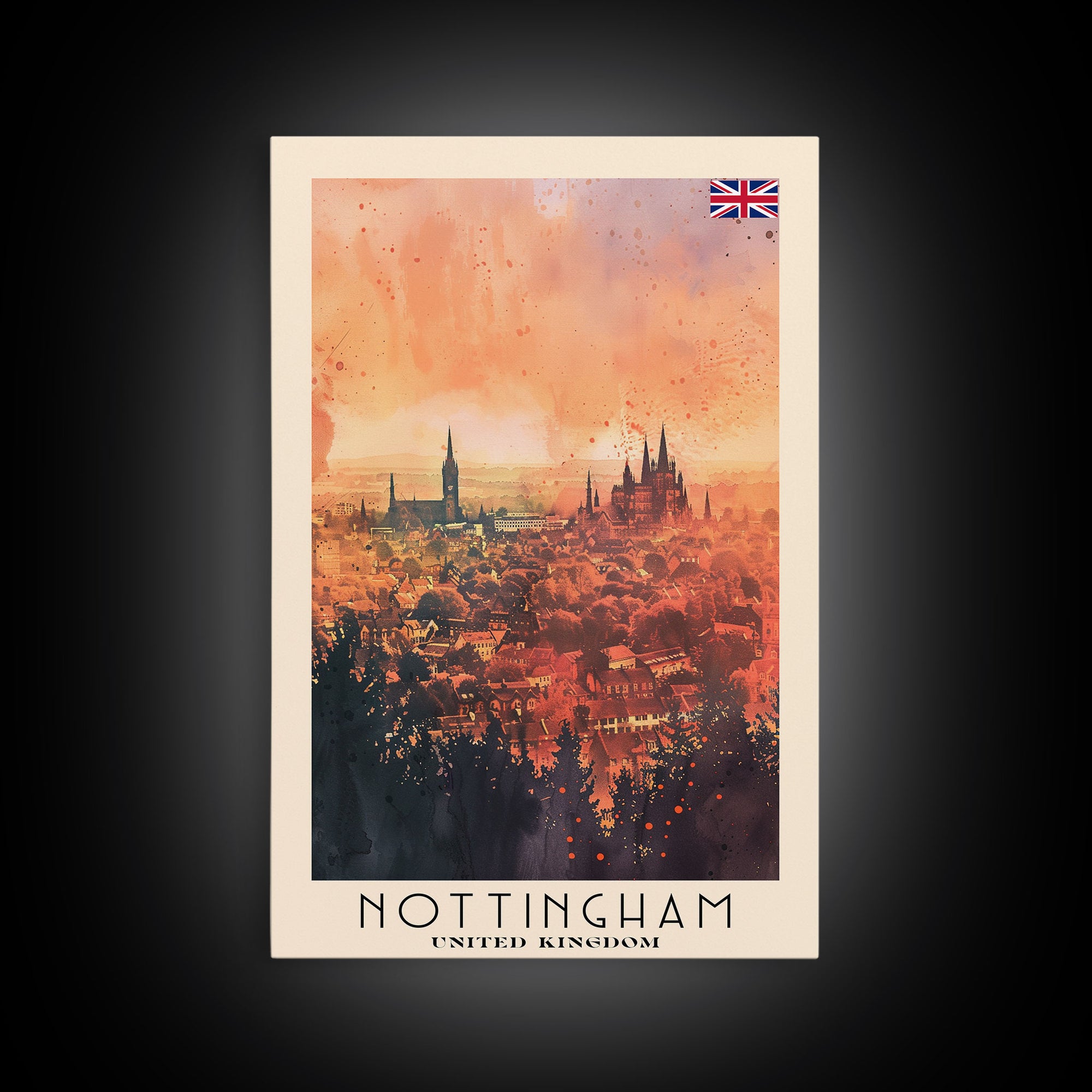 Nottingham United Kingdom Travel Poster Framed Canvas Print, Watercolor Painting, Scenic Wall Art, Home Decor, British Cityscape, Modern Art